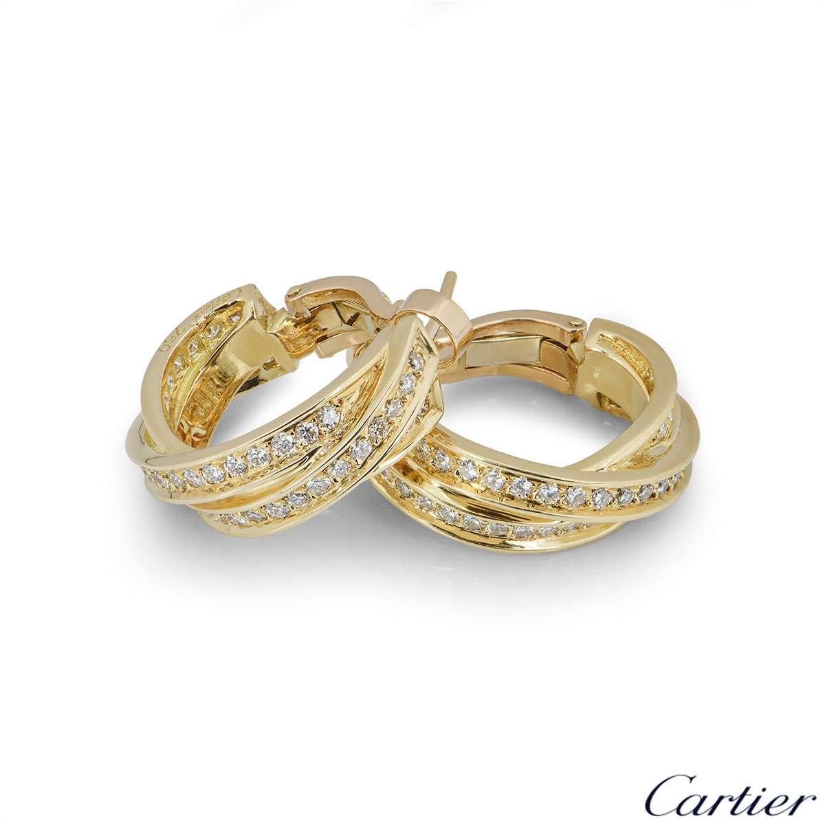 Round Cut Cartier Yellow Gold Diamond Trinity Earrings