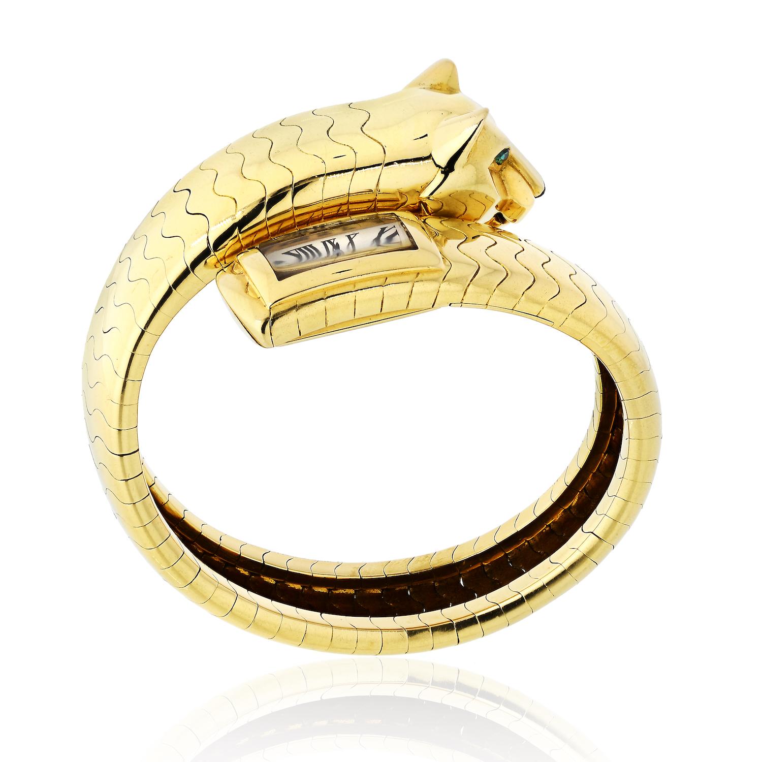 Cartier Yellow Gold Emerald Panther Lakarda Flexible Bangle Watch 2