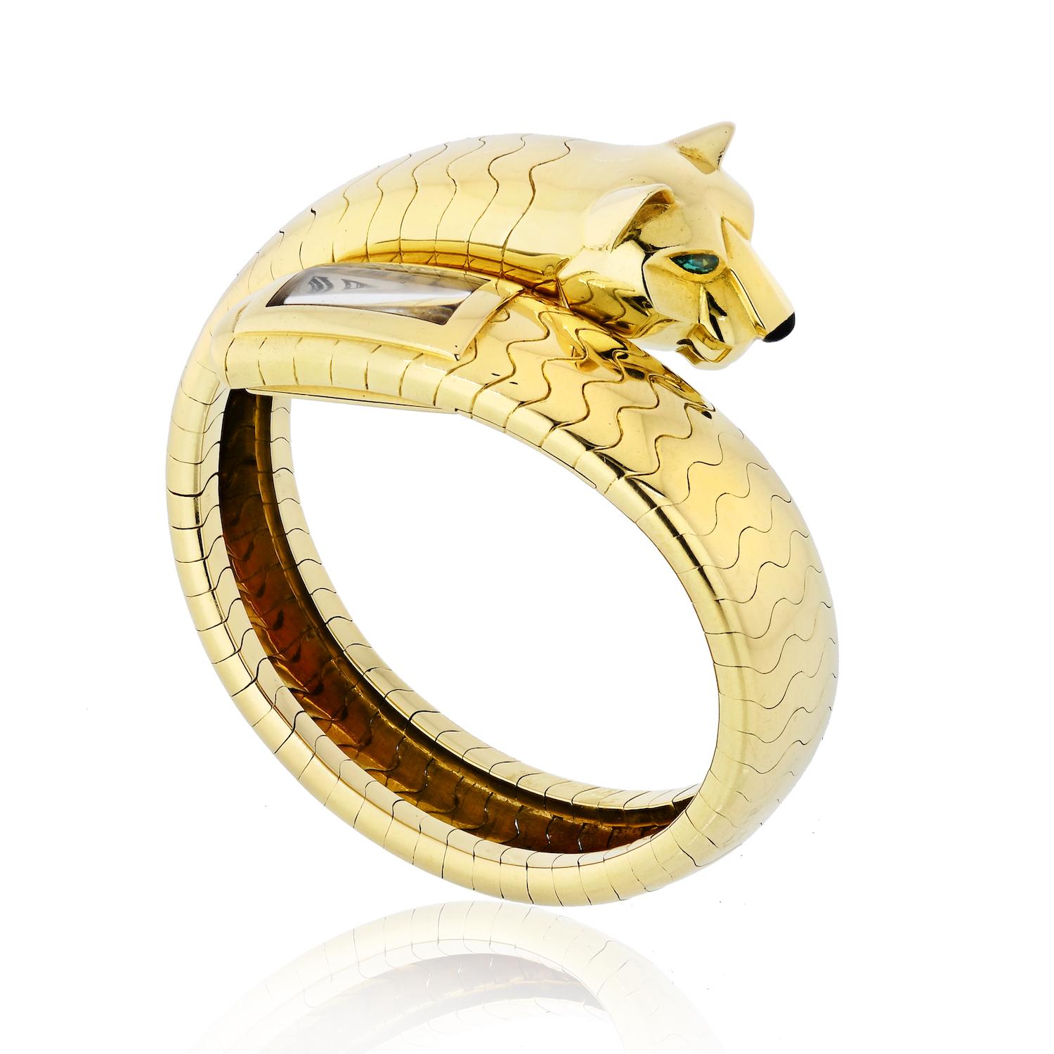 Cartier Yellow Gold Emerald Panther Lakarda Flexible Bangle Watch 3