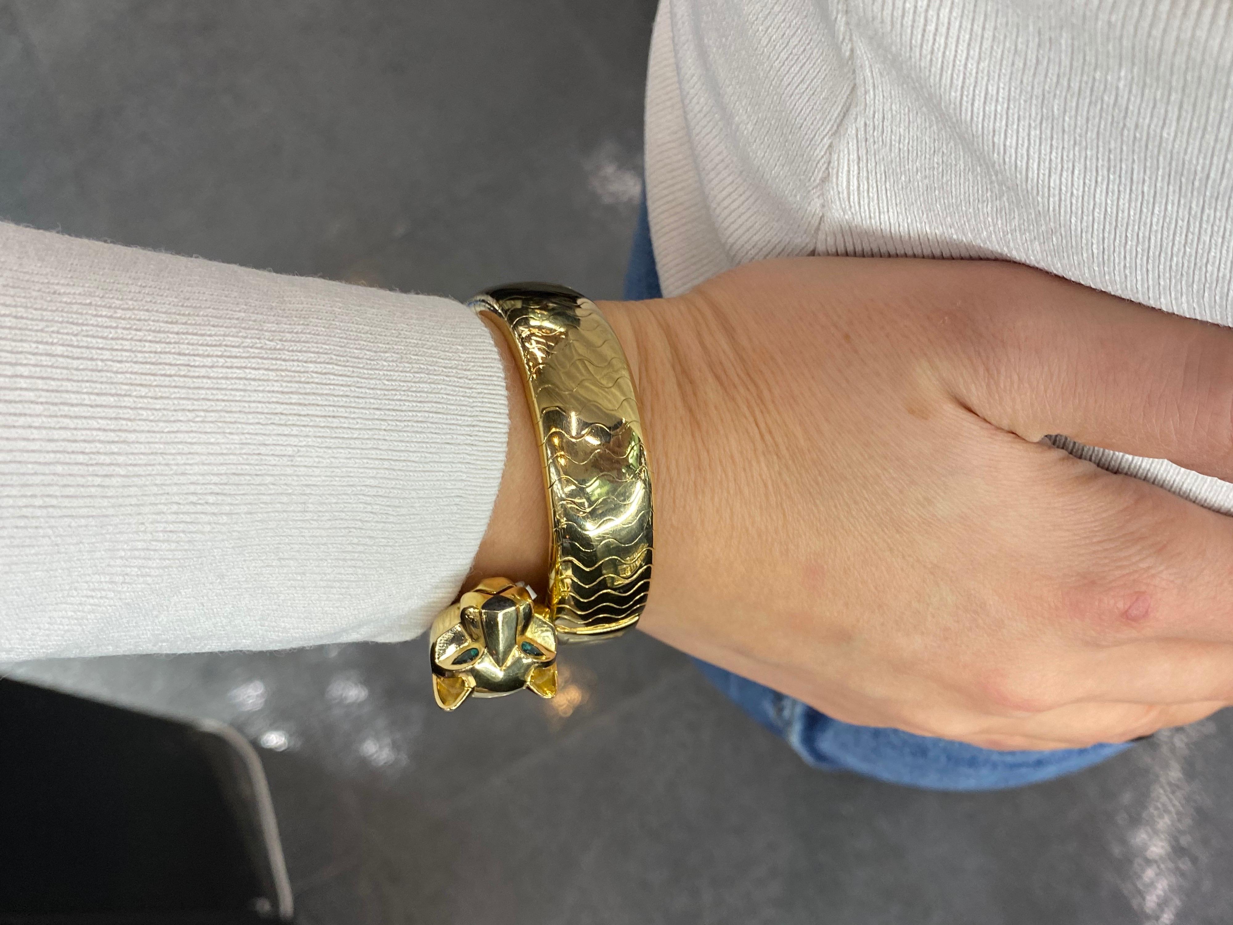 Women's Cartier Yellow Gold Emerald Panther Lakarda Flexible Bangle Watch