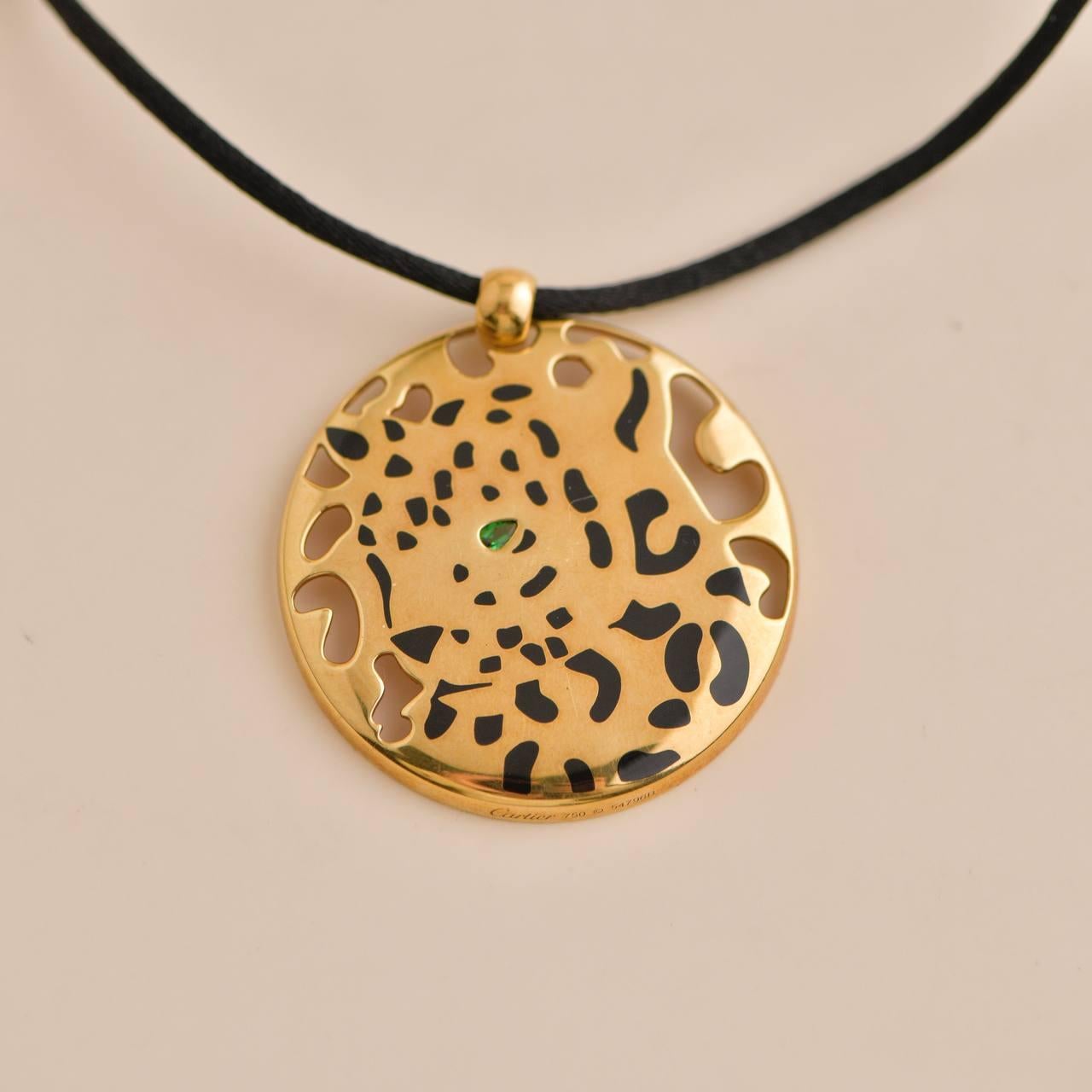 Cartier Yellow Gold Enamel Tsavorite Panthere Pendant Cord Necklace In Excellent Condition For Sale In Banbury, GB