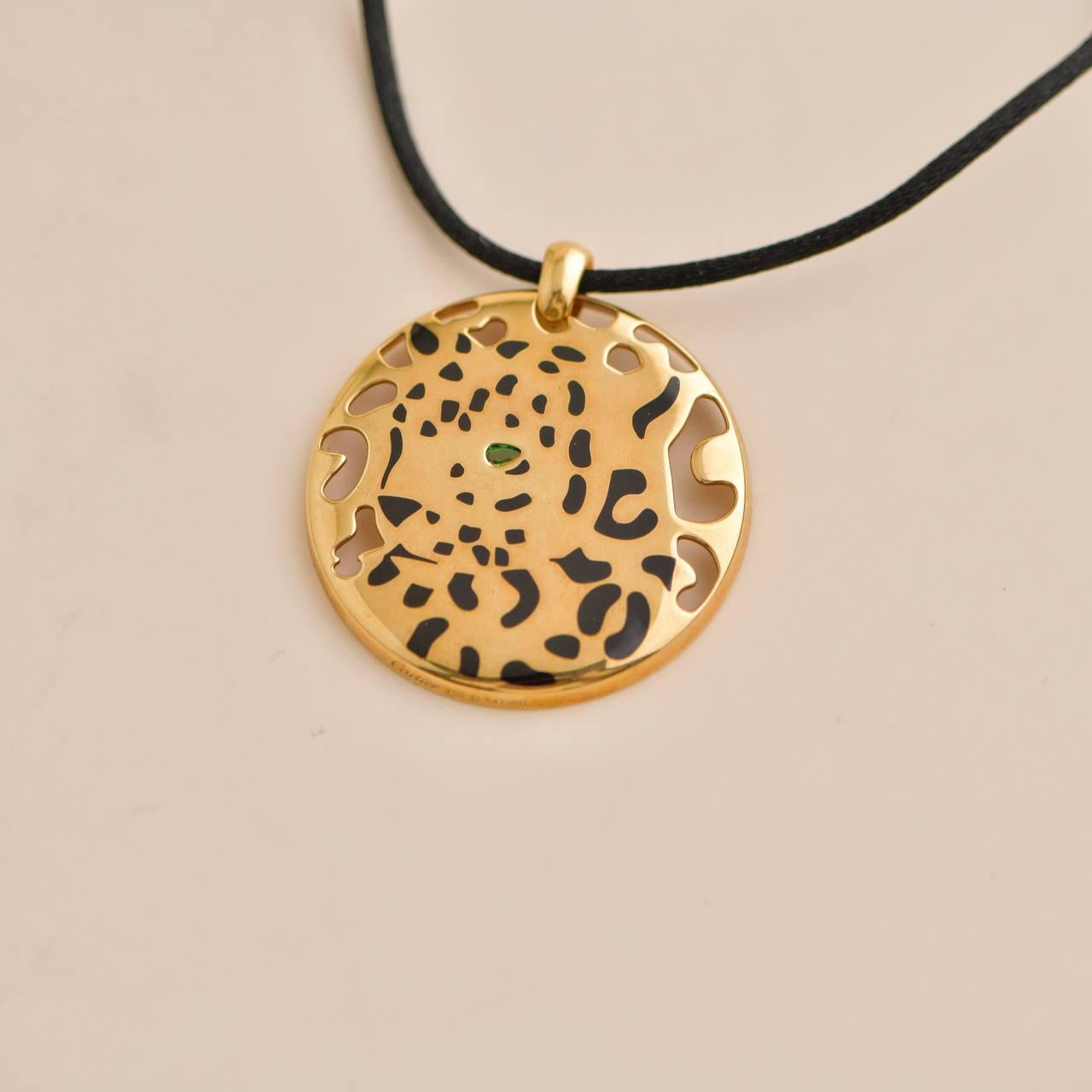 Brilliant Cut Cartier Yellow Gold Enamel Tsavorite Panthere Pendant Cord Necklace For Sale