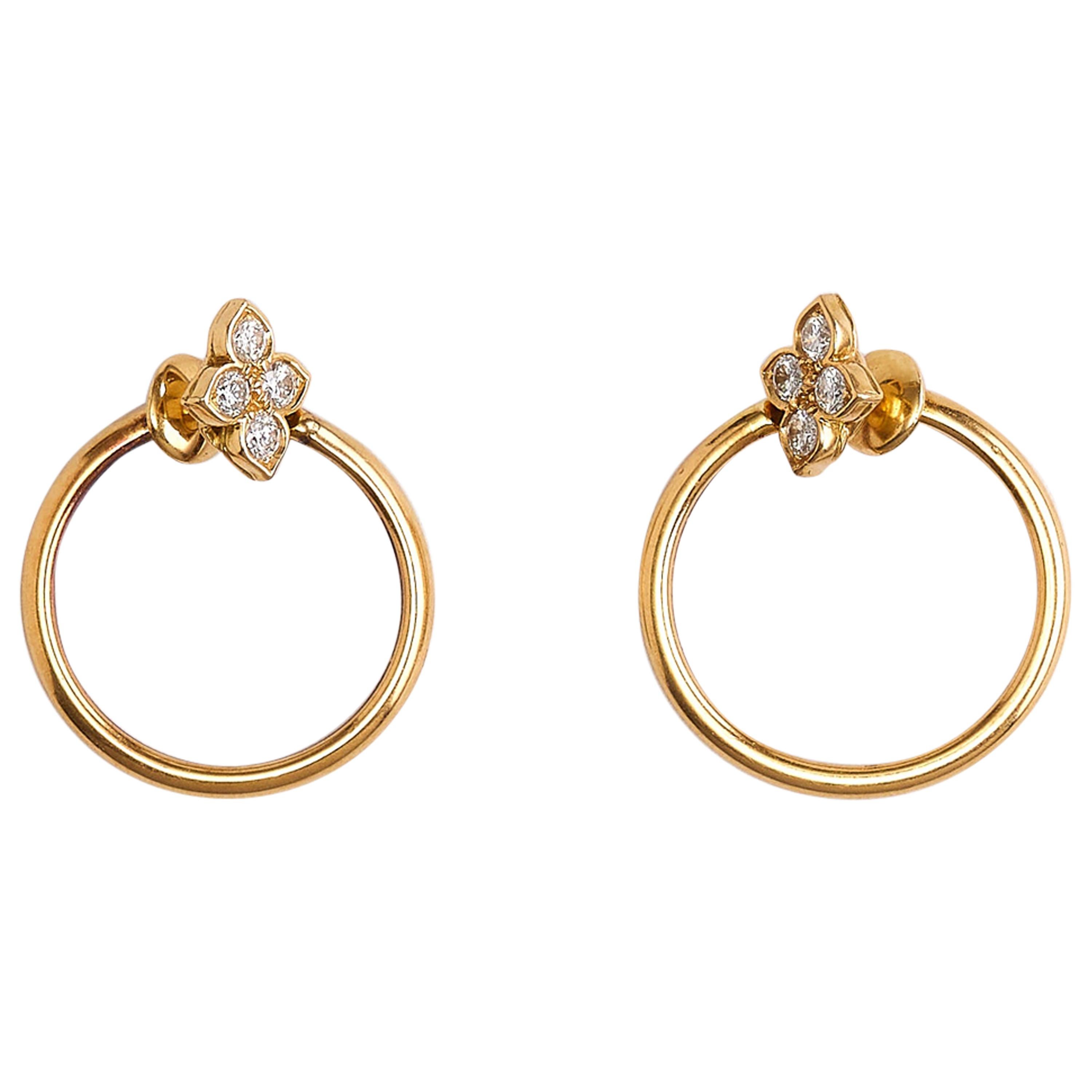 Cartier Yellow Gold Flower Diamond Hoop Earrings