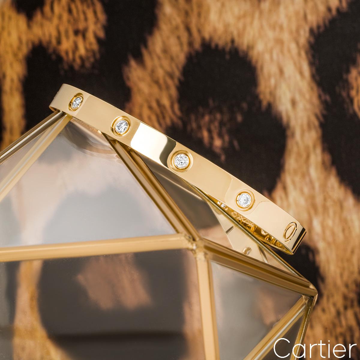 Women's or Men's Cartier Yellow Gold Full Diamond Love Bracelet Size 16 B6040516 For Sale