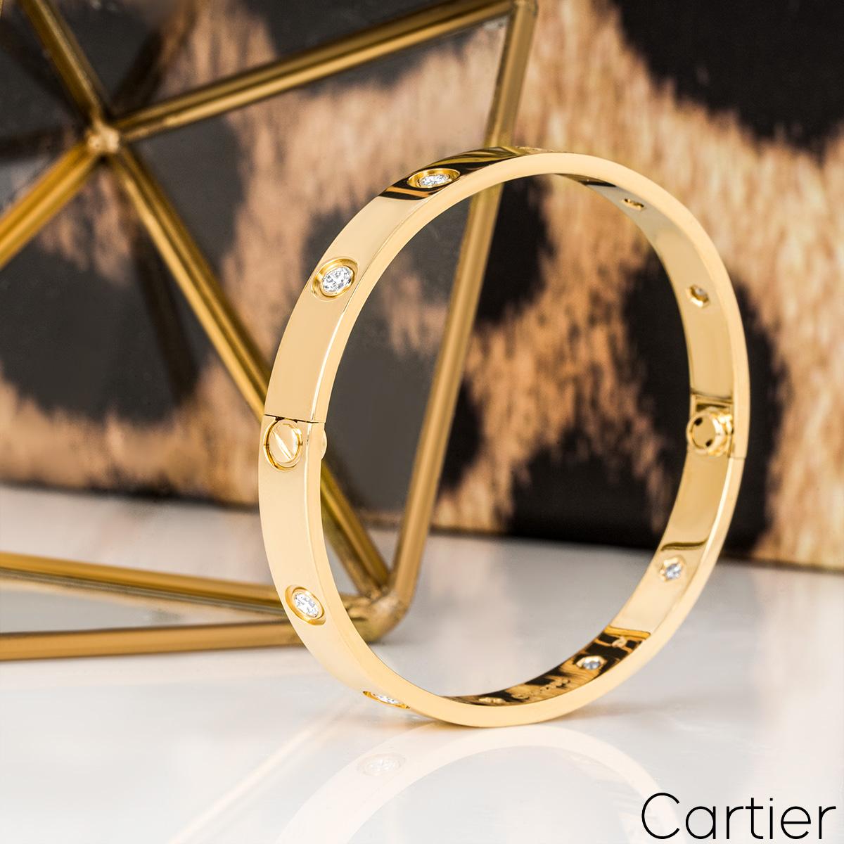 Round Cut Cartier Yellow Gold Full Diamond Love Bracelet Size 16 B6040516 For Sale