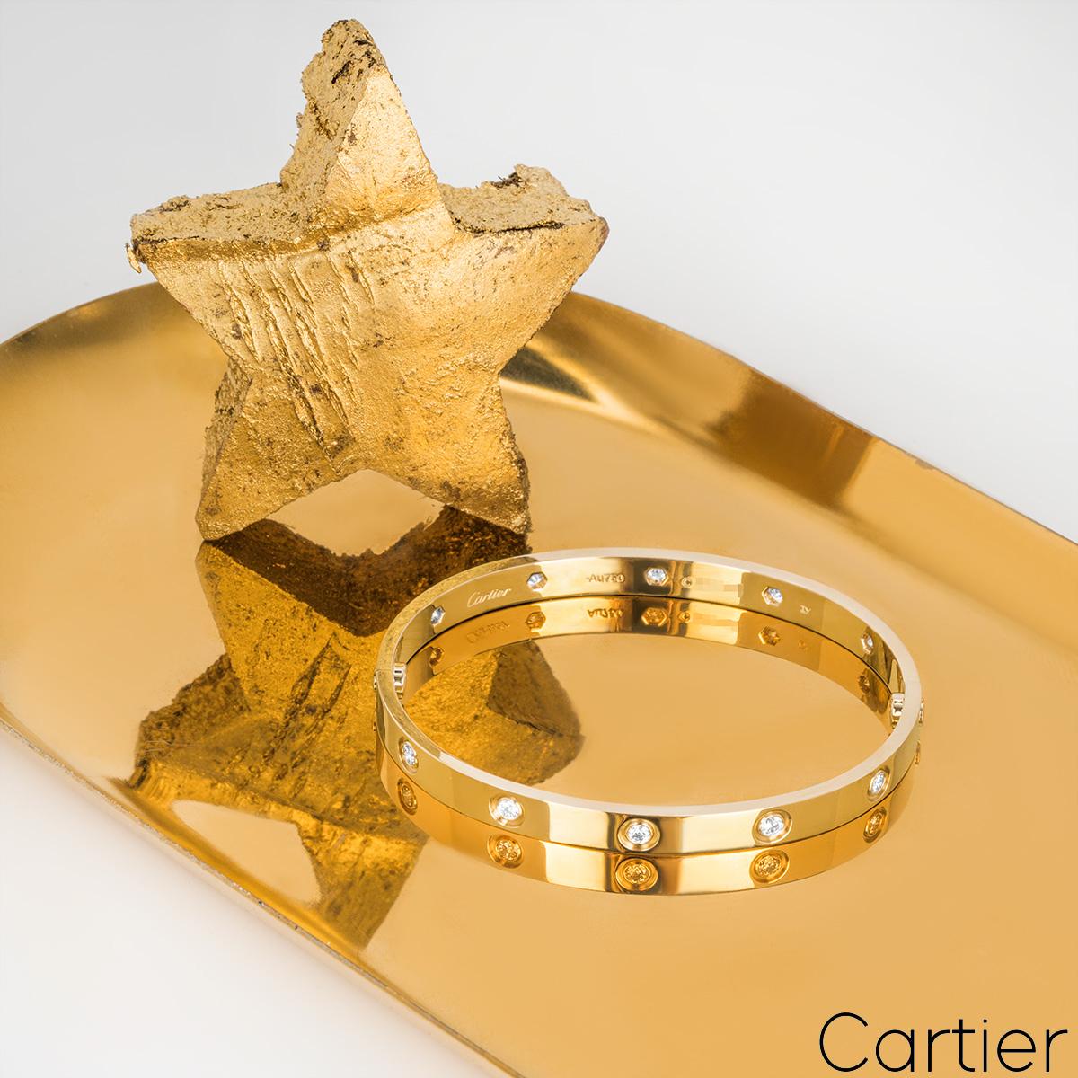 Cartier Yellow Gold Full Diamond Love Bracelet Size 16 B6040516 For Sale 1
