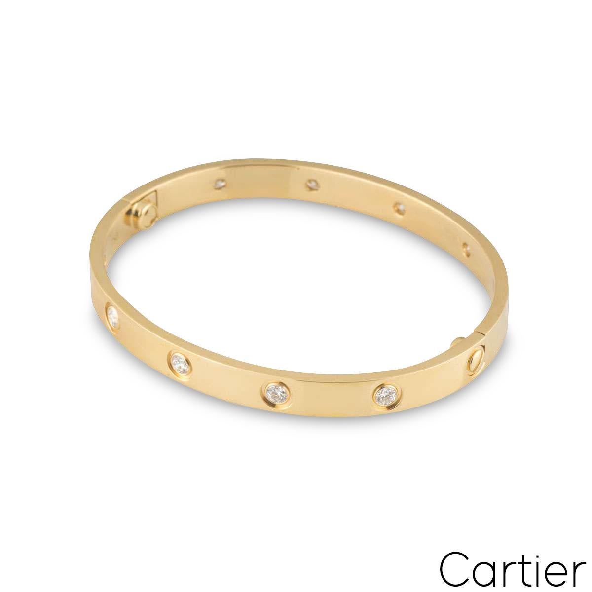 Round Cut Cartier Yellow Gold Full Diamond Love Bracelet Size 17 B6040517 For Sale