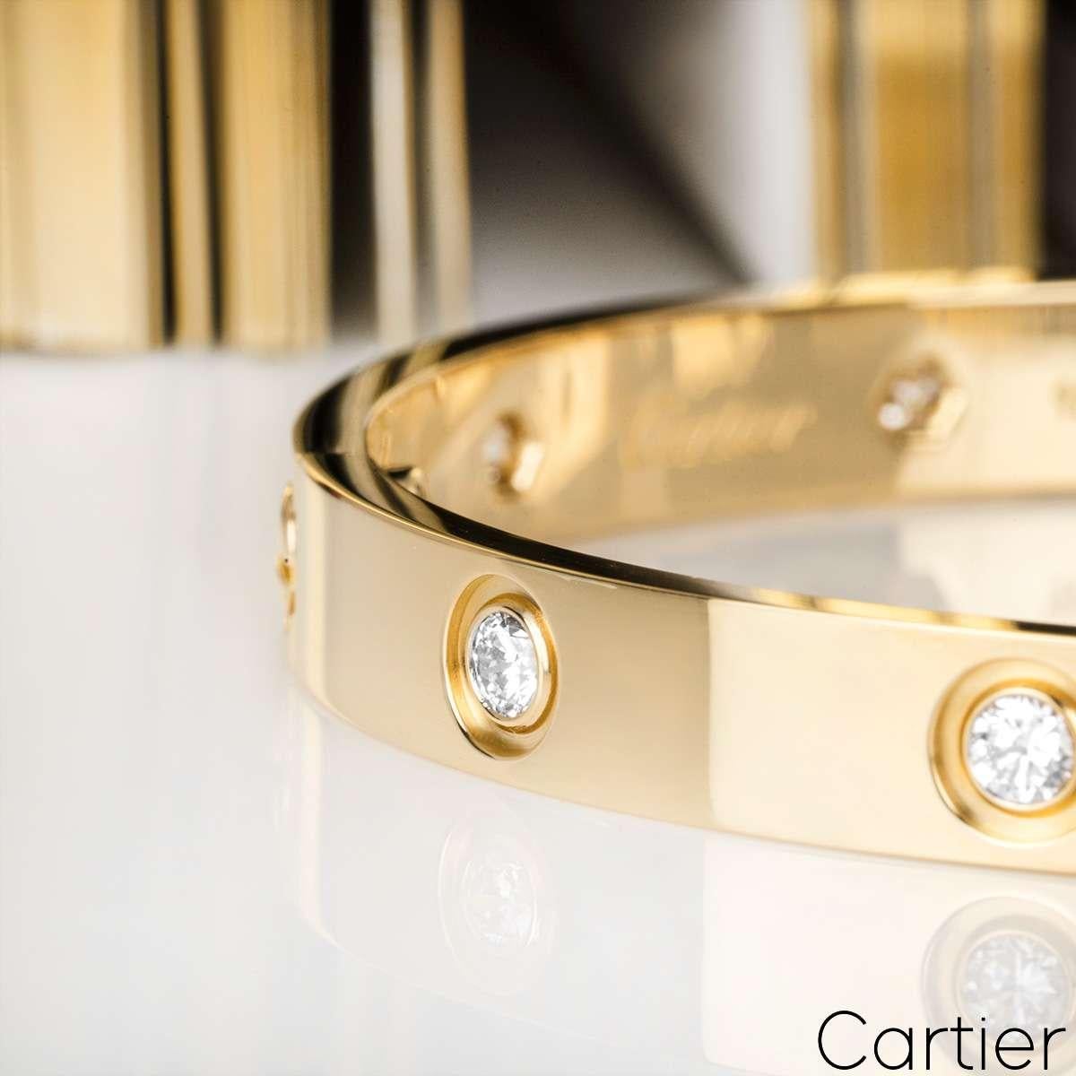 Cartier Yellow Gold Full Diamond Love Bracelet Size 17 B6040517 In Excellent Condition For Sale In London, GB