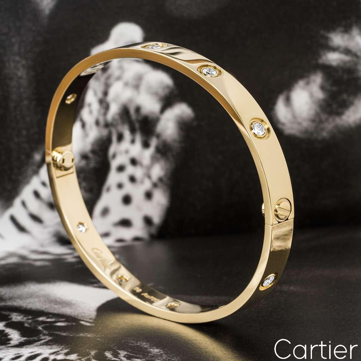Women's or Men's Cartier Yellow Gold Full Diamond Love Bracelet Size 17 B6040517 For Sale