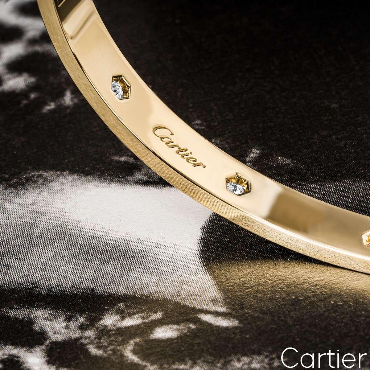 Cartier Yellow Gold Full Diamond Love Bracelet Size 17 B6040517 For Sale 1