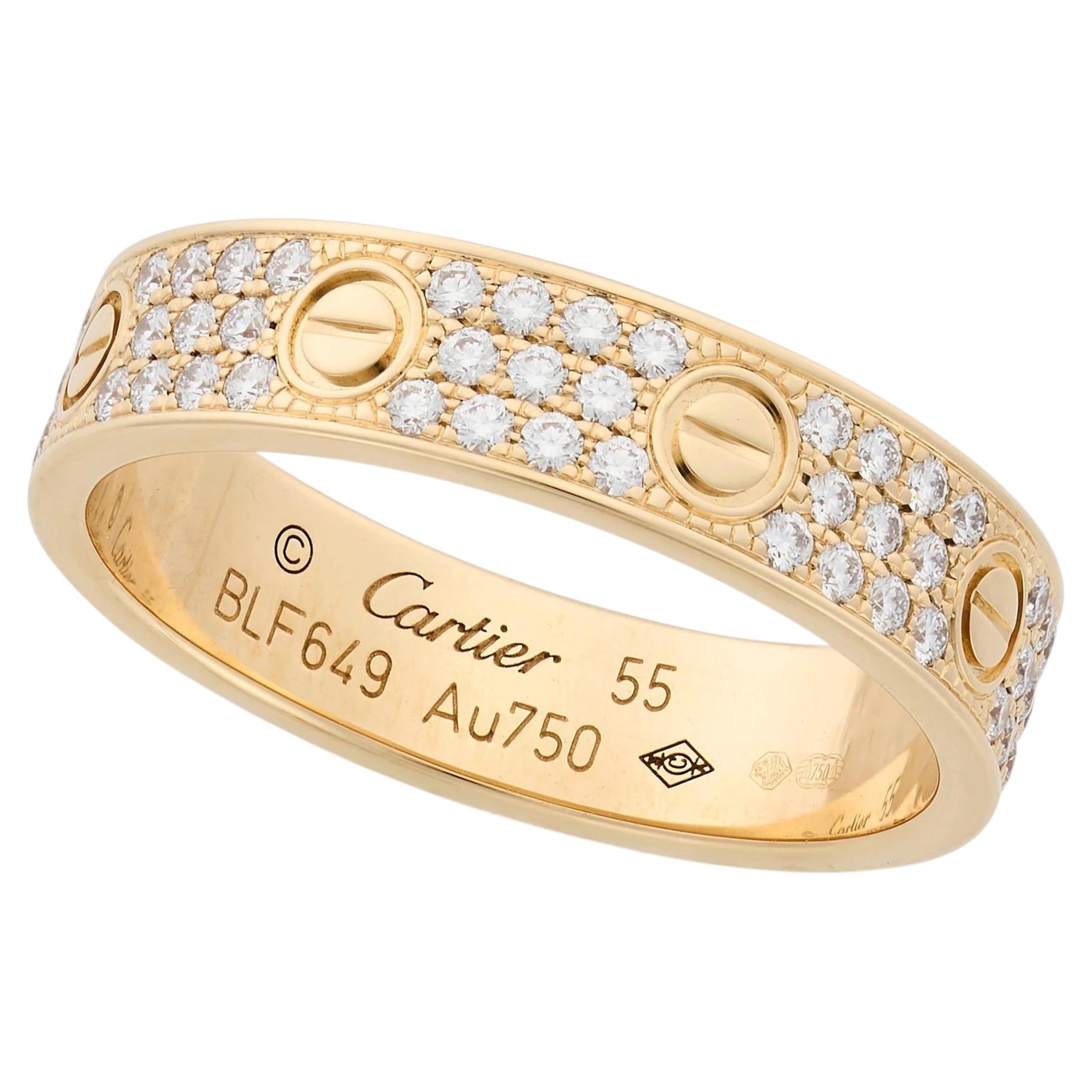 Cartier „Love“-Ring aus Gelbgold, vollständig mit Diamanten besetzt, 4 mm breit