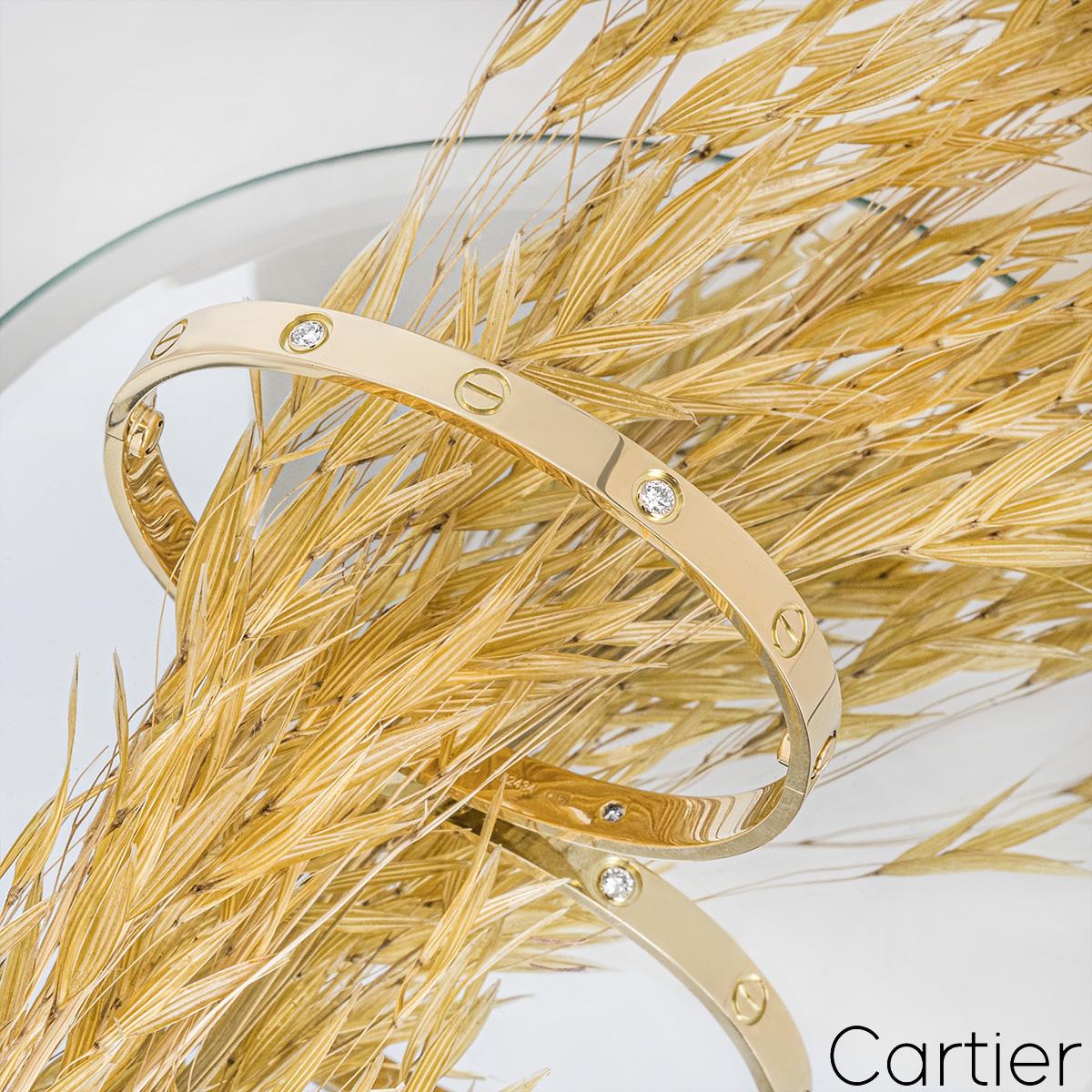Round Cut Cartier Yellow Gold Half Diamond Love Bracelet Size 16 B6035916 For Sale