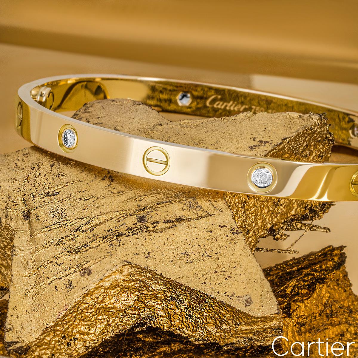 Women's Cartier Yellow Gold Half Diamond Love Bracelet Size 16 B6035916 For Sale