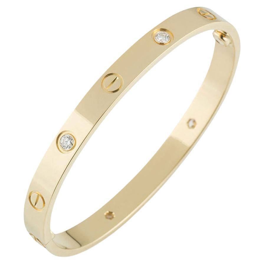 Cartier Yellow Gold Half Diamond Love Bracelet Size 19 B6035919 For Sale