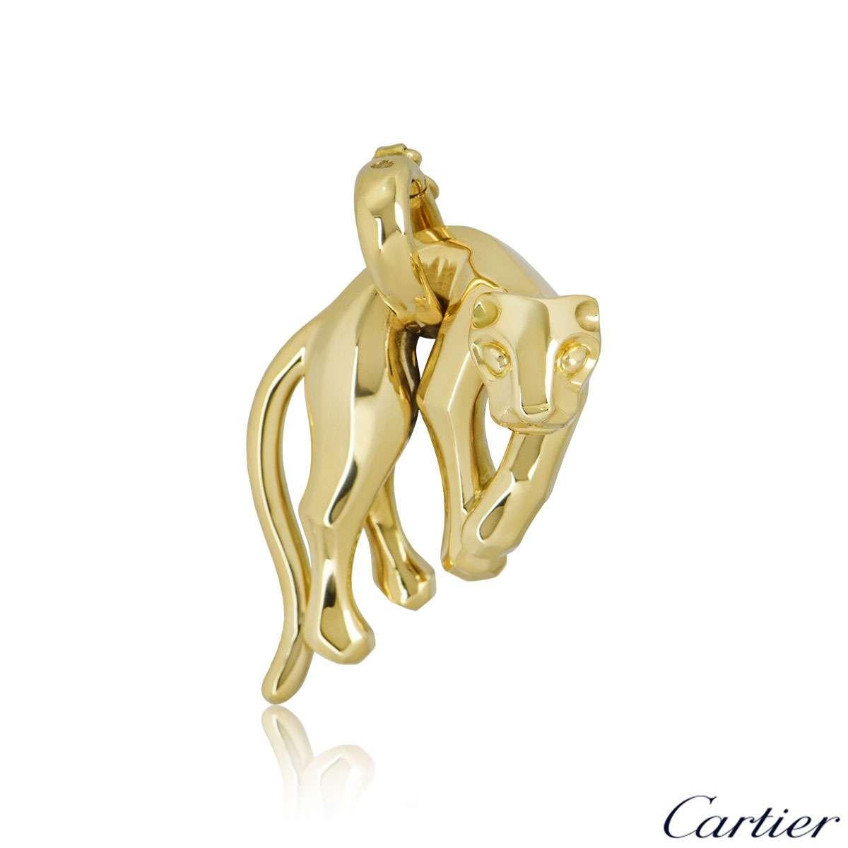 A stunning 18k yellow gold pendant by Cartier from the Panthere De Cartier collection. The pendant comprises of a polished yellow gold panther motif hanging from the waist on a loop bail. The motif measures 4cm in height and 2.5cm in width and has a