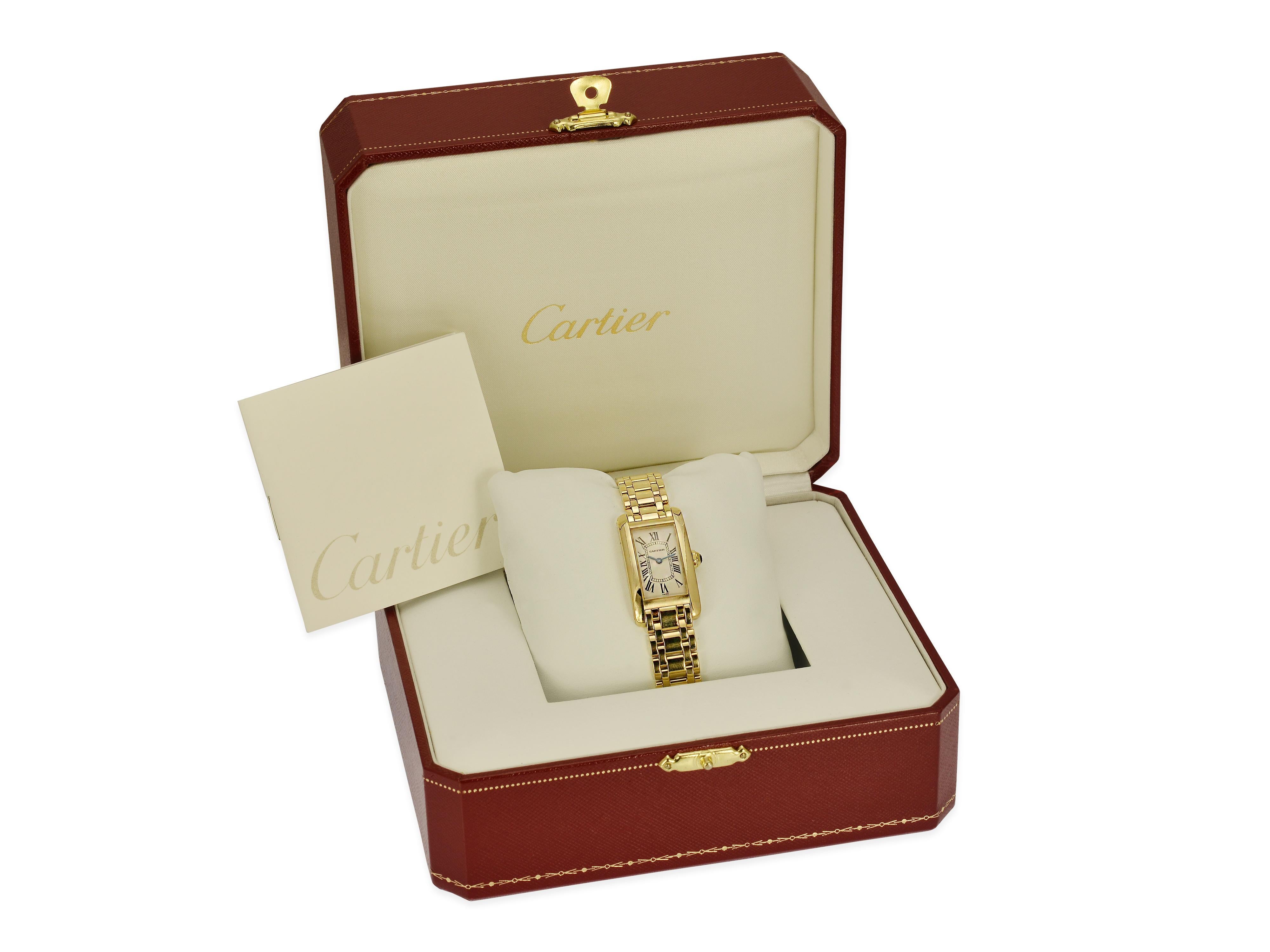 18 Karat Yellow Gold Tank Americaine on Gold Bracelet by Cartier
Quartz Movement
Elongated Rectangular Case
Roman Numeral Dial
Comes With Cartier Box and Booklet