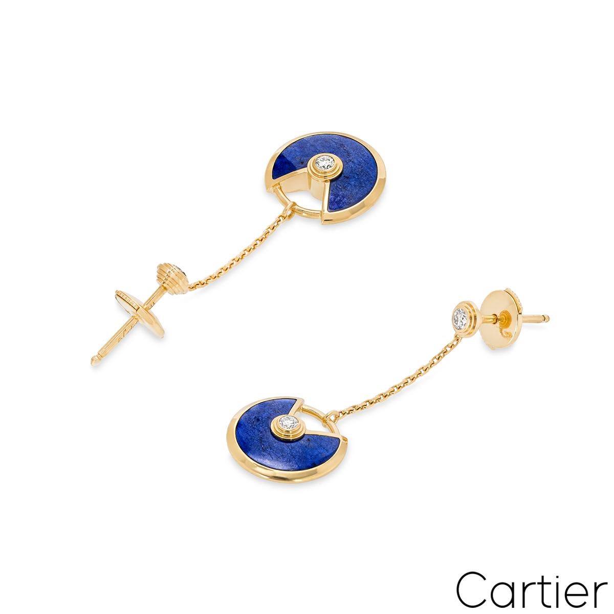 Cartier Yellow Gold Lapis Lazulli & Diamond Amulette de Cartier Earrings B830123 In Excellent Condition For Sale In London, GB