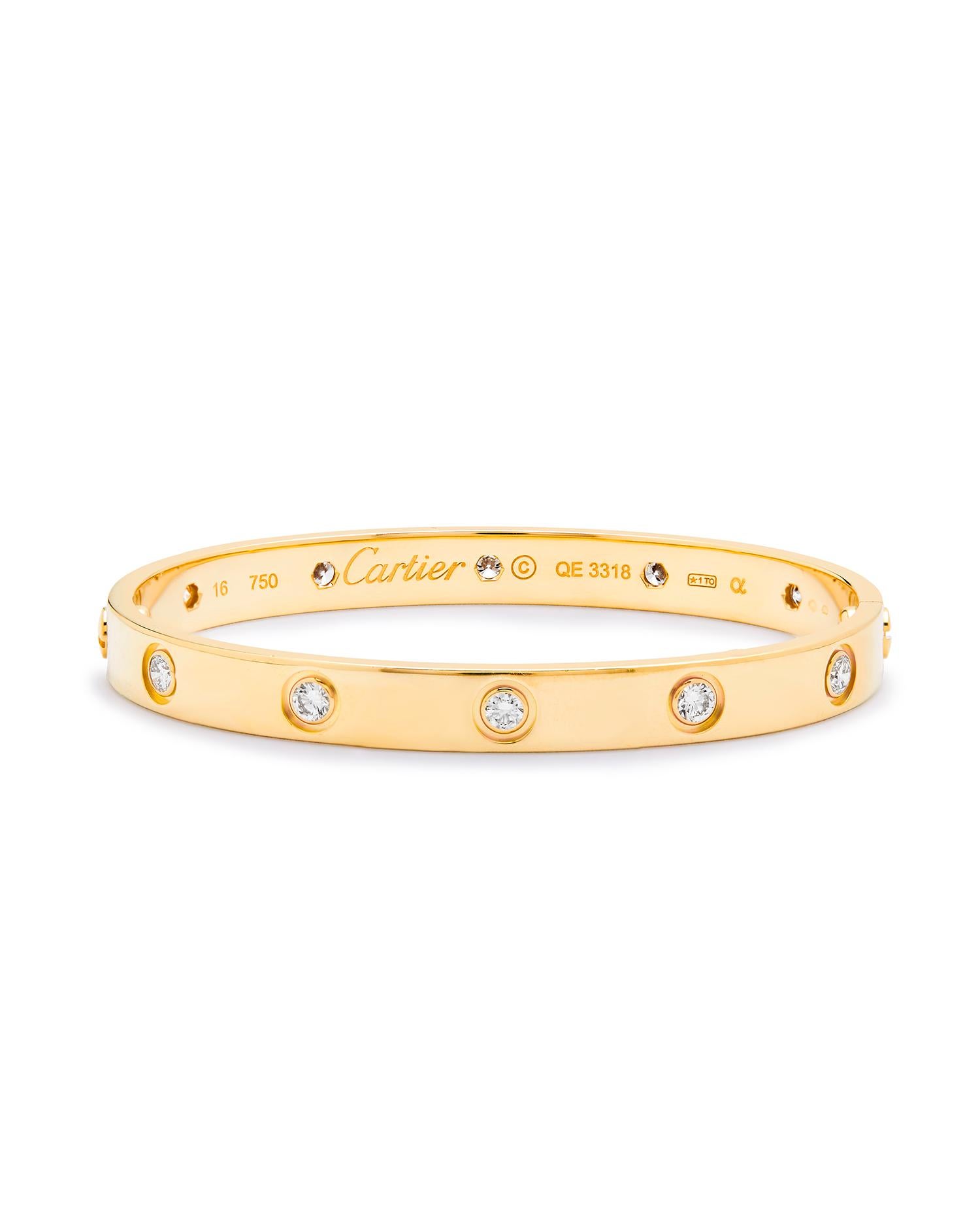 Contemporain Bracelet Love en or jaune de Cartier 10 diamants taille 16 en vente
