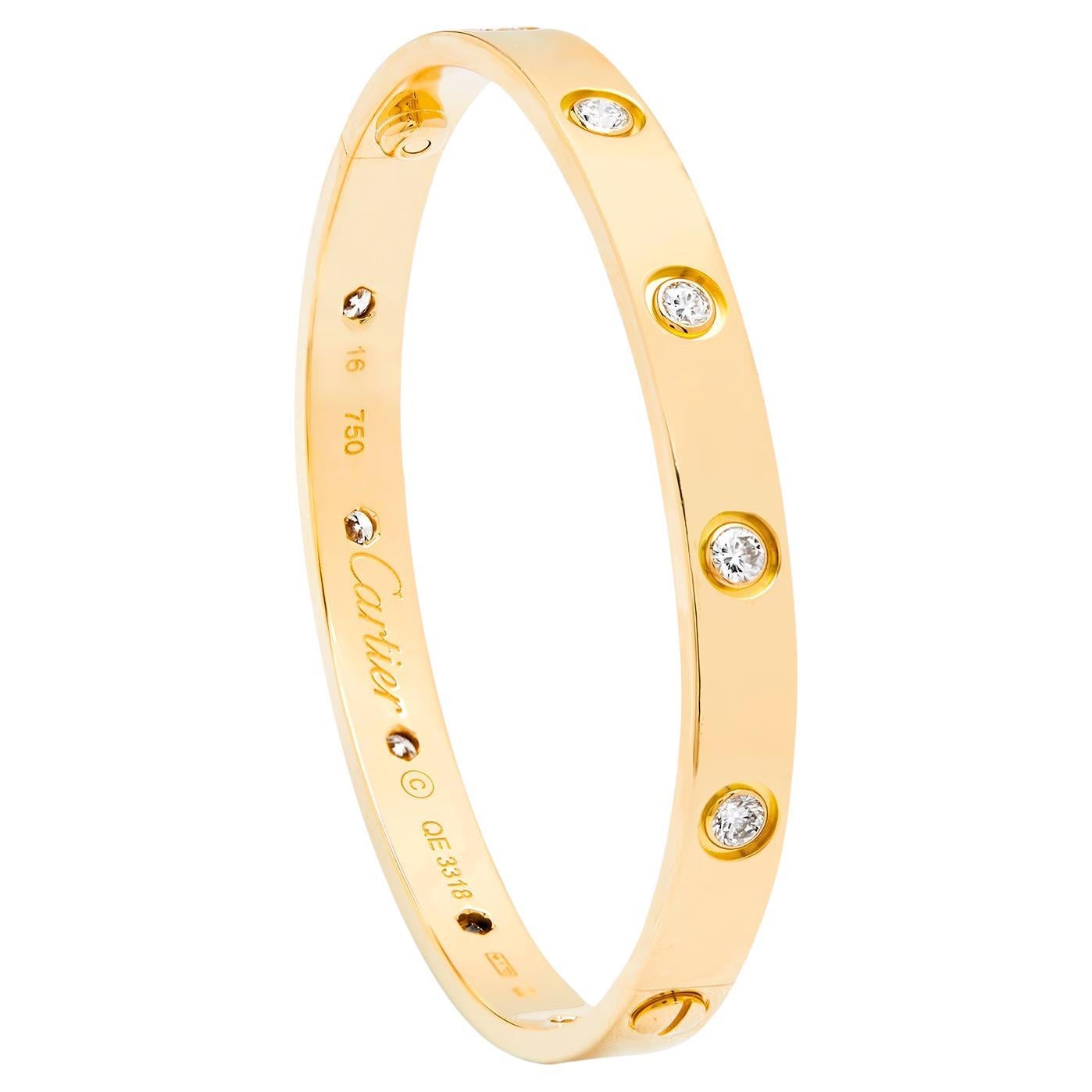 Bracelet Love en or jaune de Cartier 10 diamants taille 16 en vente