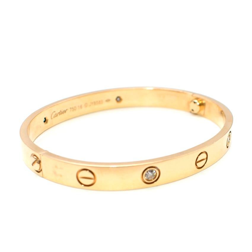 Cartier Yellow Gold Love Bracelet With 4 Diamonds 

18K yellow gold, set with 4 brilliant-cut diamonds totalling 0.42 carats. Comes with a screwdriver. Width: 6.1mm.
Box included
- 18K Gold, 0.42 carat diamonds

Please note, these items are
