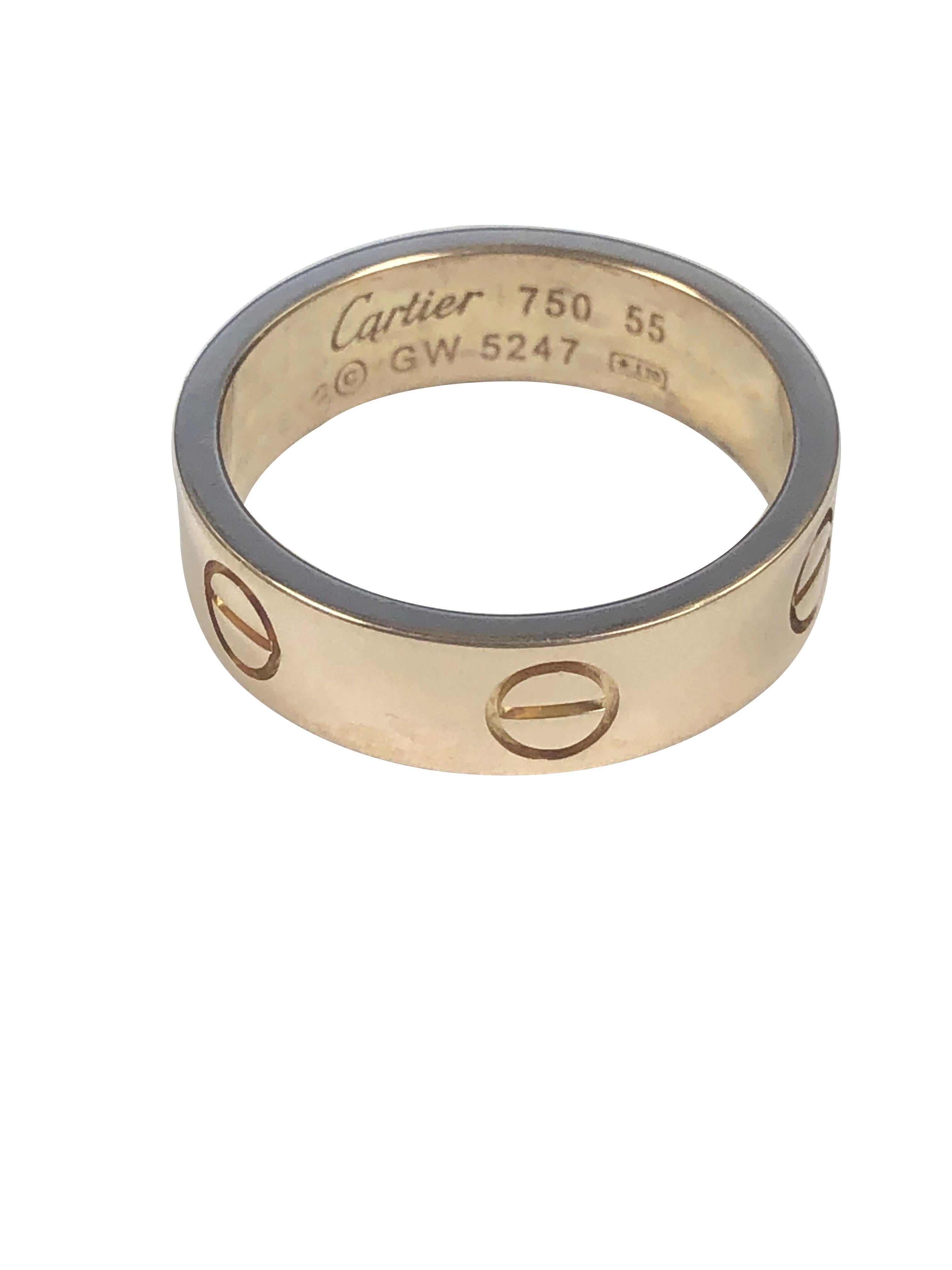 Circa 2010 Cartier 18K Yellow Gold Love Ring, Band Ring, measuring 5 M.M. wide and is a size 7 ( European size 55 )  Comes in the original presentation box.