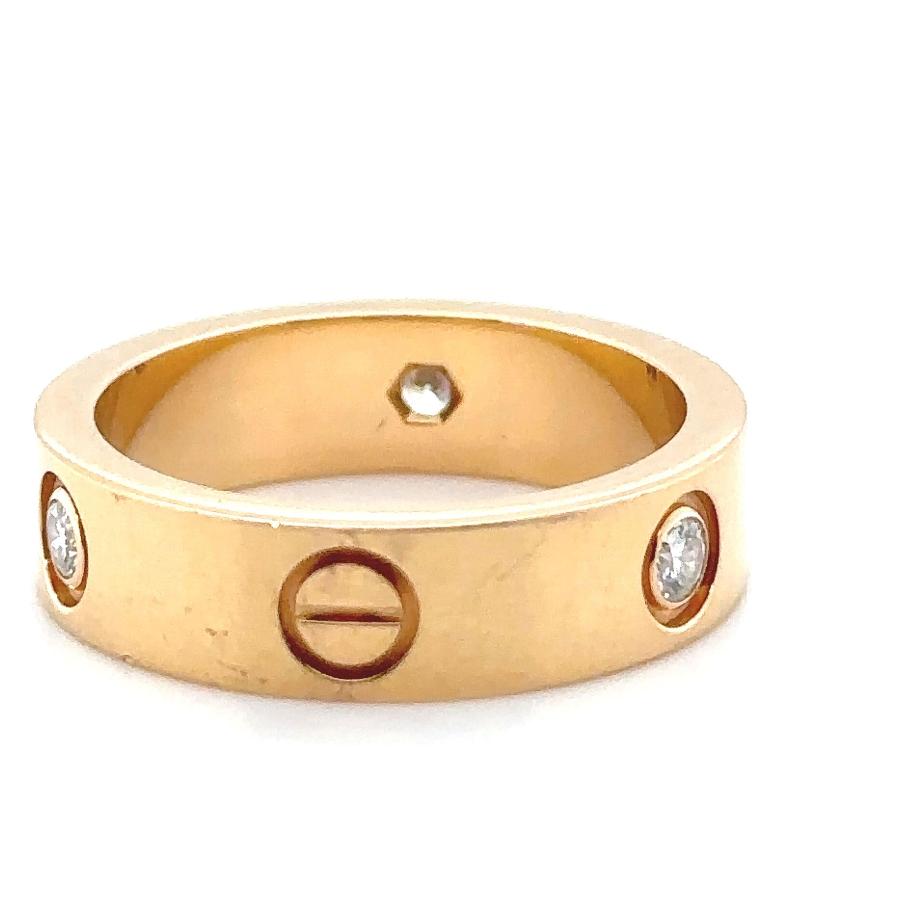 Round Cut Cartier Yellow Gold Love Ring with 3 Diamonds