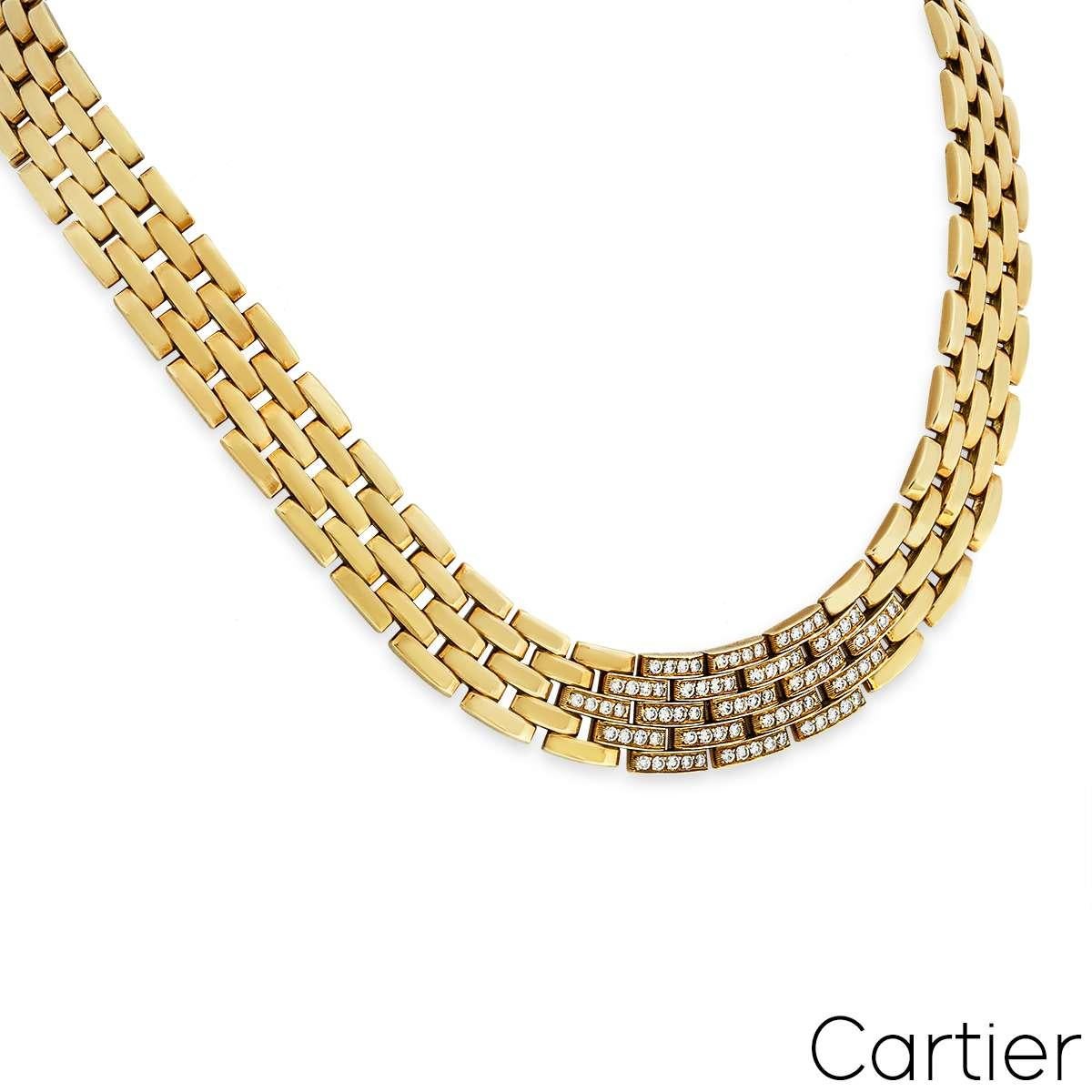 Ein wunderschönes Collier aus 18 Karat Gelbgold mit Cartier-Diamanten Maillon Panthere aus der Kollektion Links and Chains. Das Collier besteht aus 4 Reihen mit 41 ikonischen Panthere Maillon-Gliedern, die durch 48 runde Diamanten im Brillantschliff