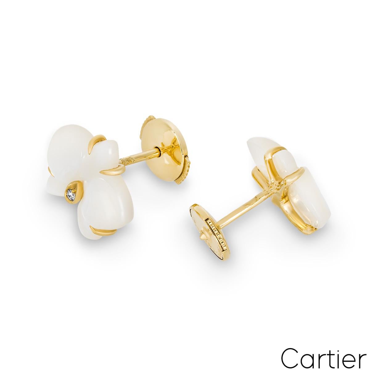 Round Cut Cartier Yellow Gold Mother of Pearl & Diamond Caresse d’Orchidées Earrings