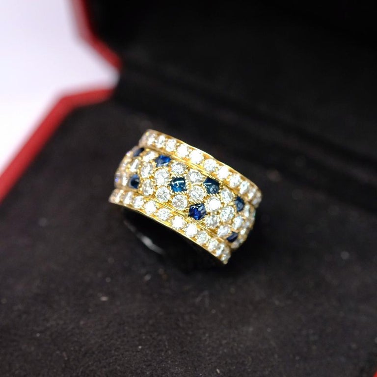 Round Cut Cartier Yellow Gold Nigeria Sapphire Diamond Wide Band Ring For Sale