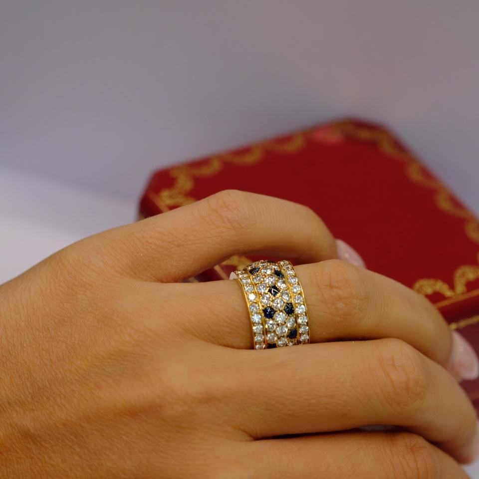 Round Cut Cartier Yellow Gold Nigeria Sapphire Diamond Wide Band Ring For Sale