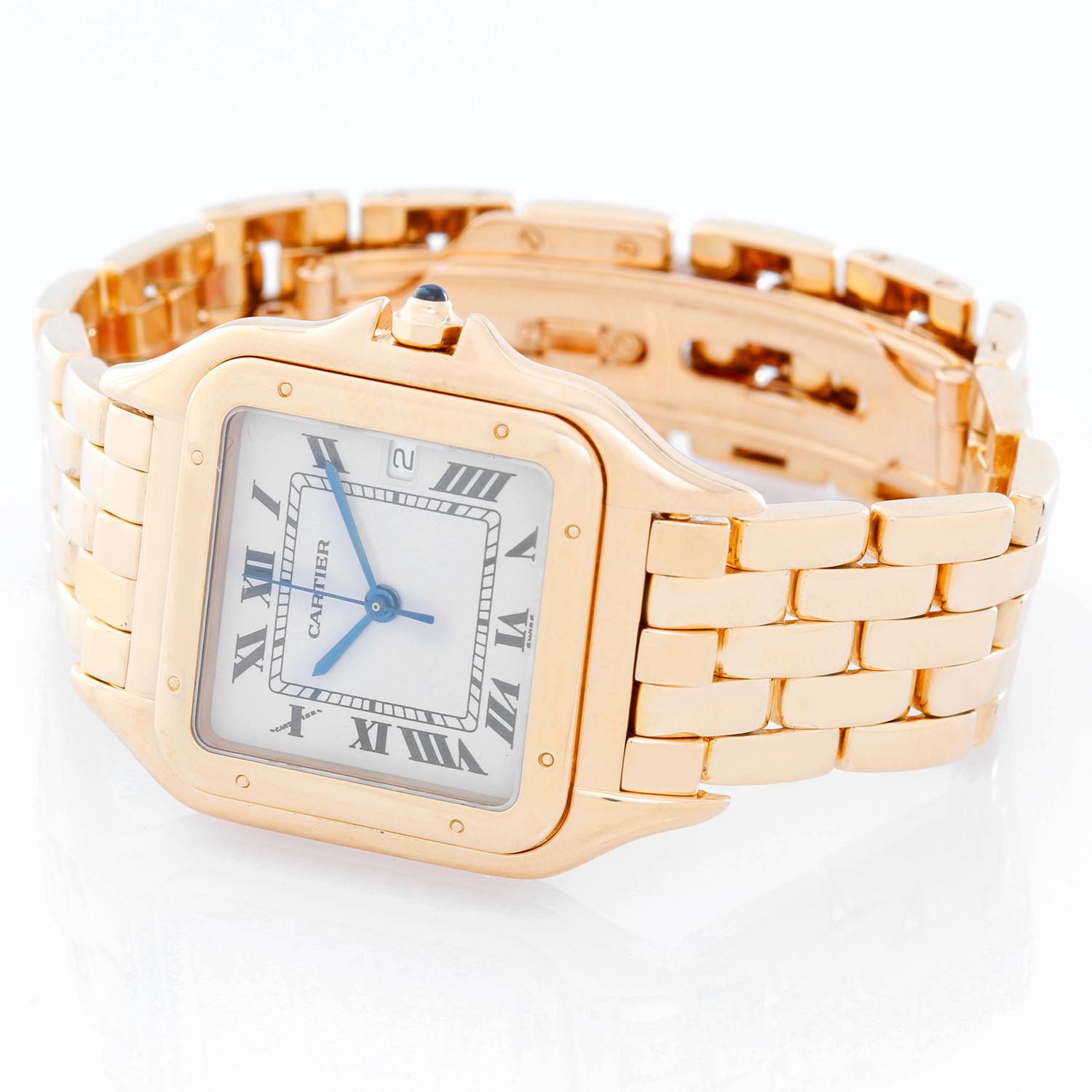 Cartier Panther 18k Yellow Gold Men's Quartz Watch with Date W25014B9 -  Quartz. 18k yellow gold case (27mm x 37mm). Ivory colored dial with black Roman numerals and date at 3 o'clock. 18k yellow gold Cartier Panther bracelet with deployant clasp.