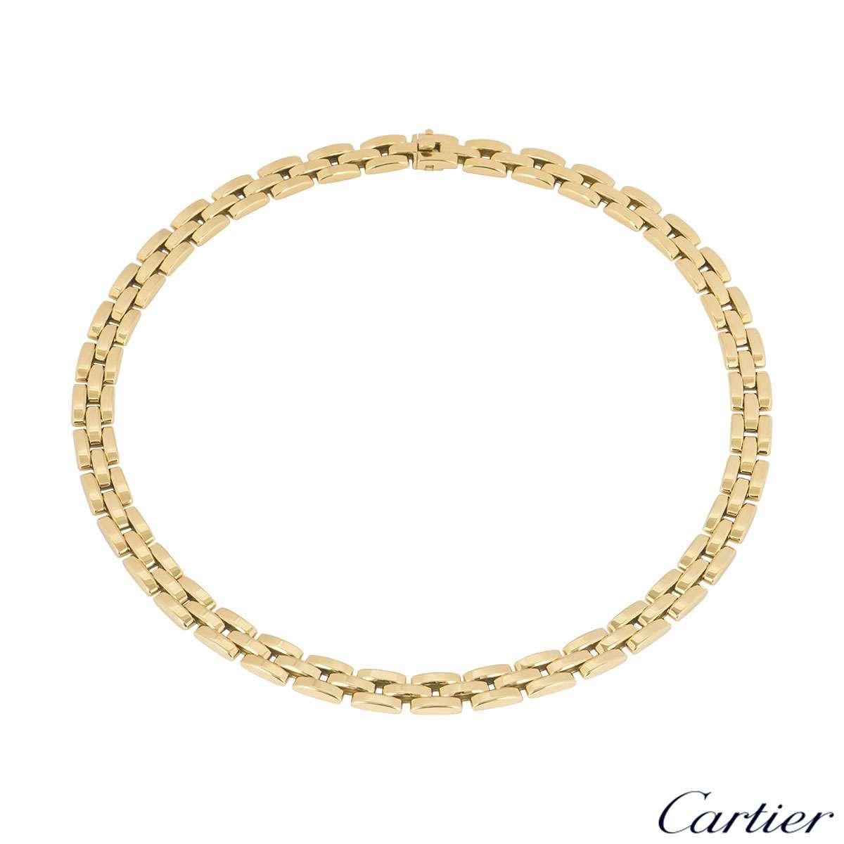 A simple 18k yellow gold Cartier necklace from the Panthere Maillon collection. The necklace comprises of 39 classic Cartier flat solid links placed like brickwork. The necklace measures 16.5 inches in length and features a box clasp with a push