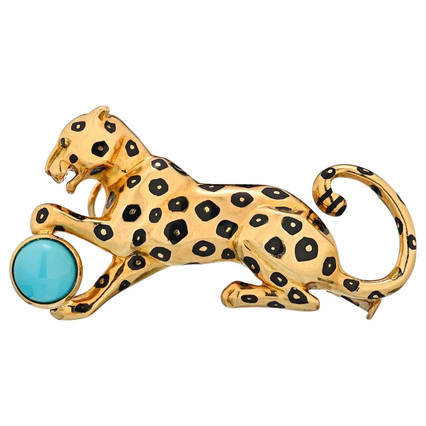 Cartier Yellow Gold Panther Pin Brooch with Turquoise and Emerald Eyes