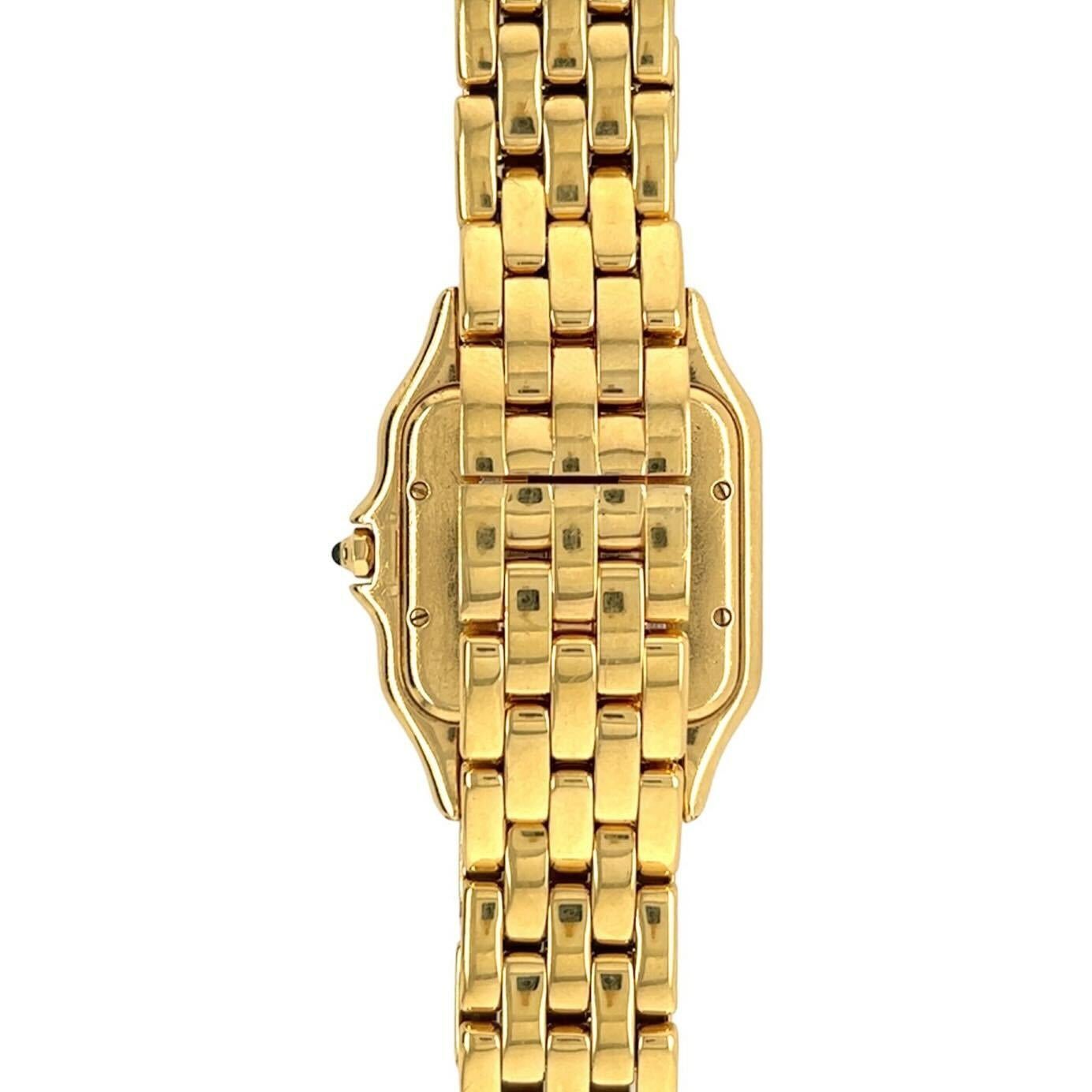 An 18 karat yellow gold watch, Cartier.  The Panthere de Cartier watch, quartz movement, crown set with a blue sapphire, square white dial with Roman numerals,, blued steel sword shaped hands, date aperture at 3, secret signature at 7, completed by