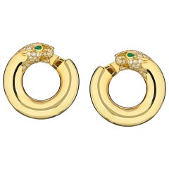 Cartier Yellow Gold Panthere Emerald Eyes Diamond Round Pierced Hoop Earrings