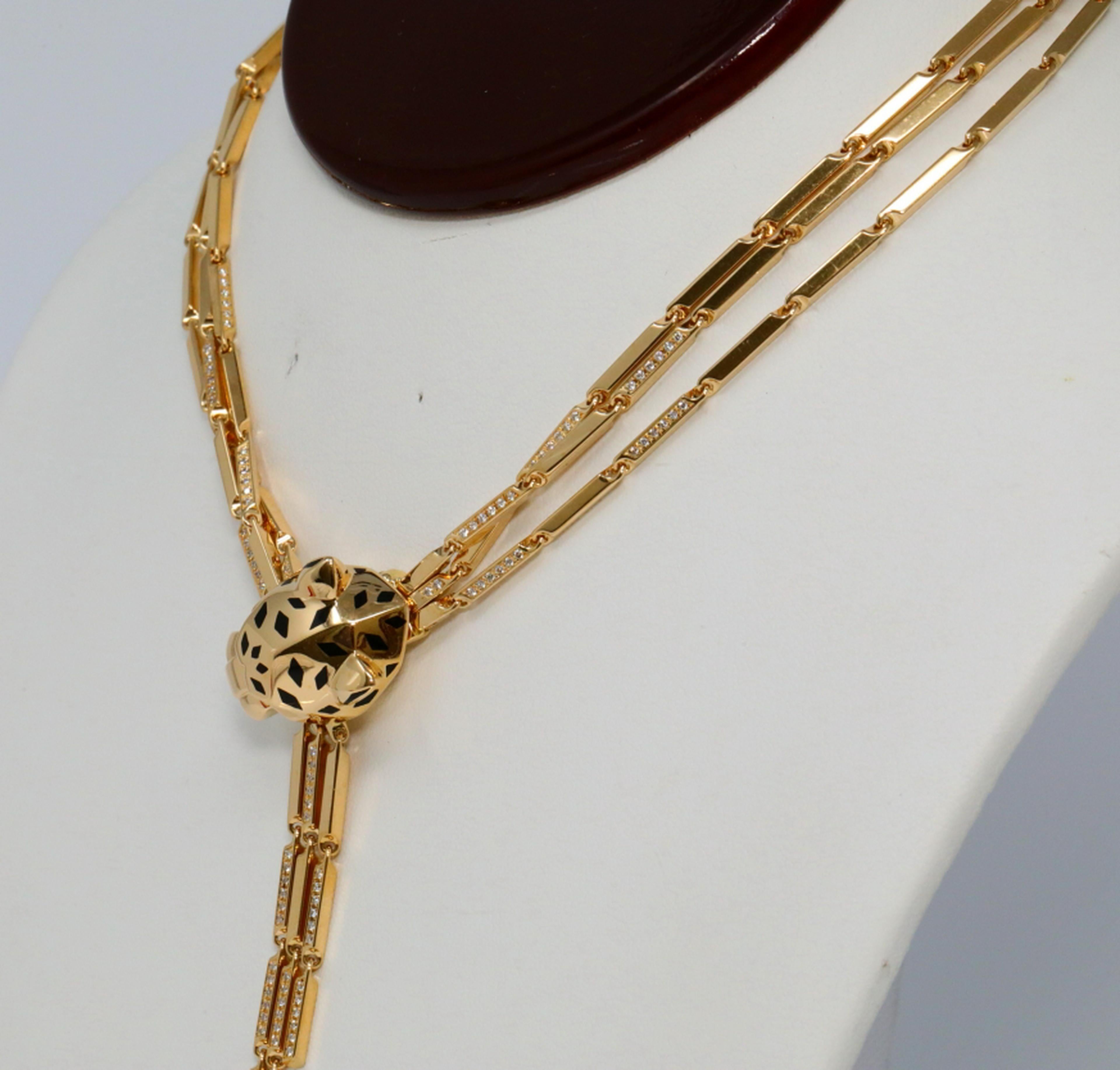 Cartier Yellow Gold Panthere Head Diamond Lacquer Spots Strand Necklace In Excellent Condition In New York, NY
