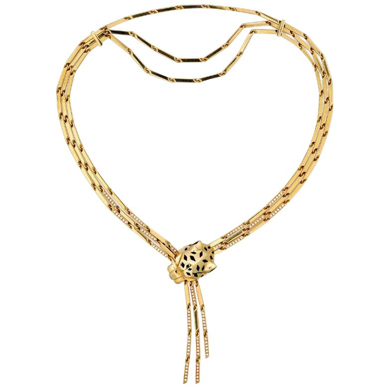 Cartier Yellow Gold Panthere Head Diamond Lacquer Spots Strand Necklace