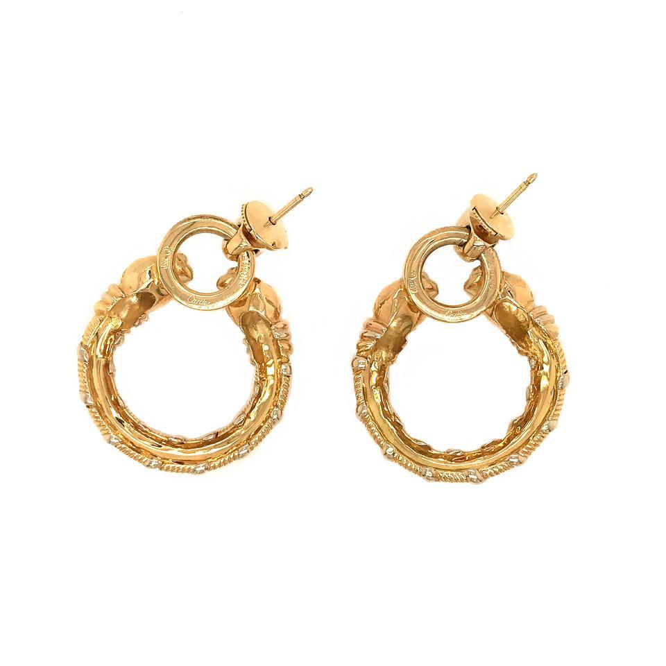 Cartier Yellow Gold Panthere Women's Tri-gold Hoop Dangle Earrings In Excellent Condition In New York, NY