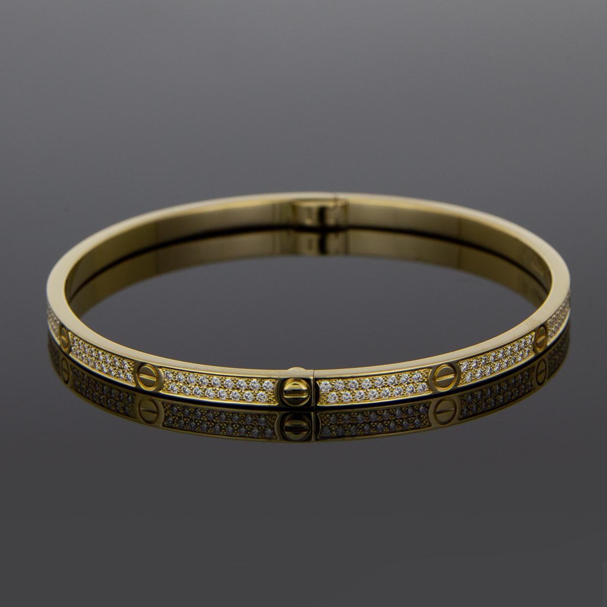 Cartier Yellow Gold Pave Diamond Love Bangle Bracelet In Excellent Condition In Columbia, MO
