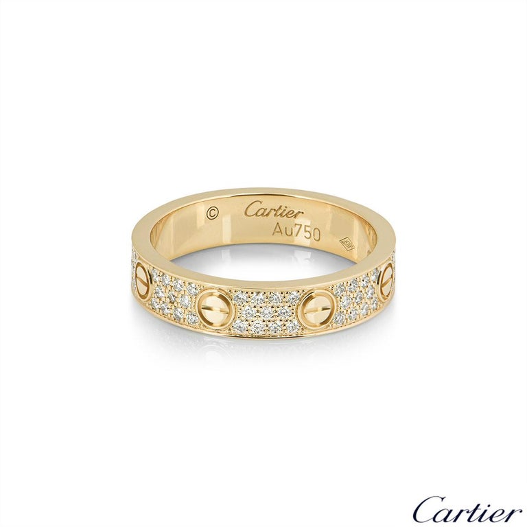 Round Cut Cartier Yellow Gold Pave Diamond Love Ring For Sale