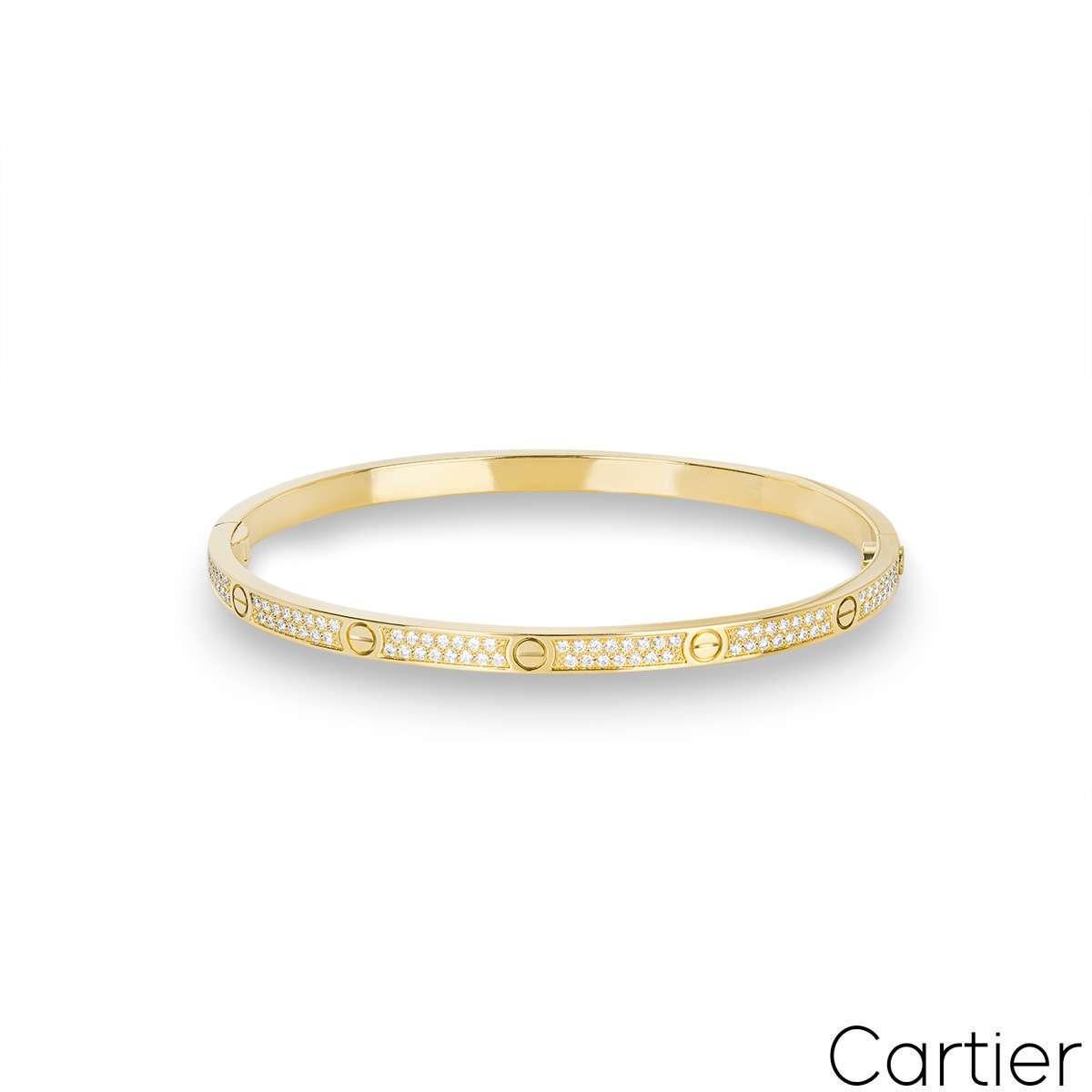 Round Cut Cartier Yellow Gold Pave Diamond SM Love Bracelet Size 17 N6710617 For Sale