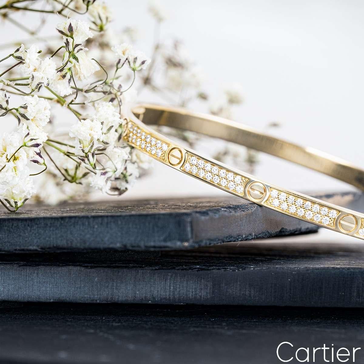 Women's Cartier Yellow Gold Pave Diamond SM Love Bracelet Size 17 N6710617 For Sale
