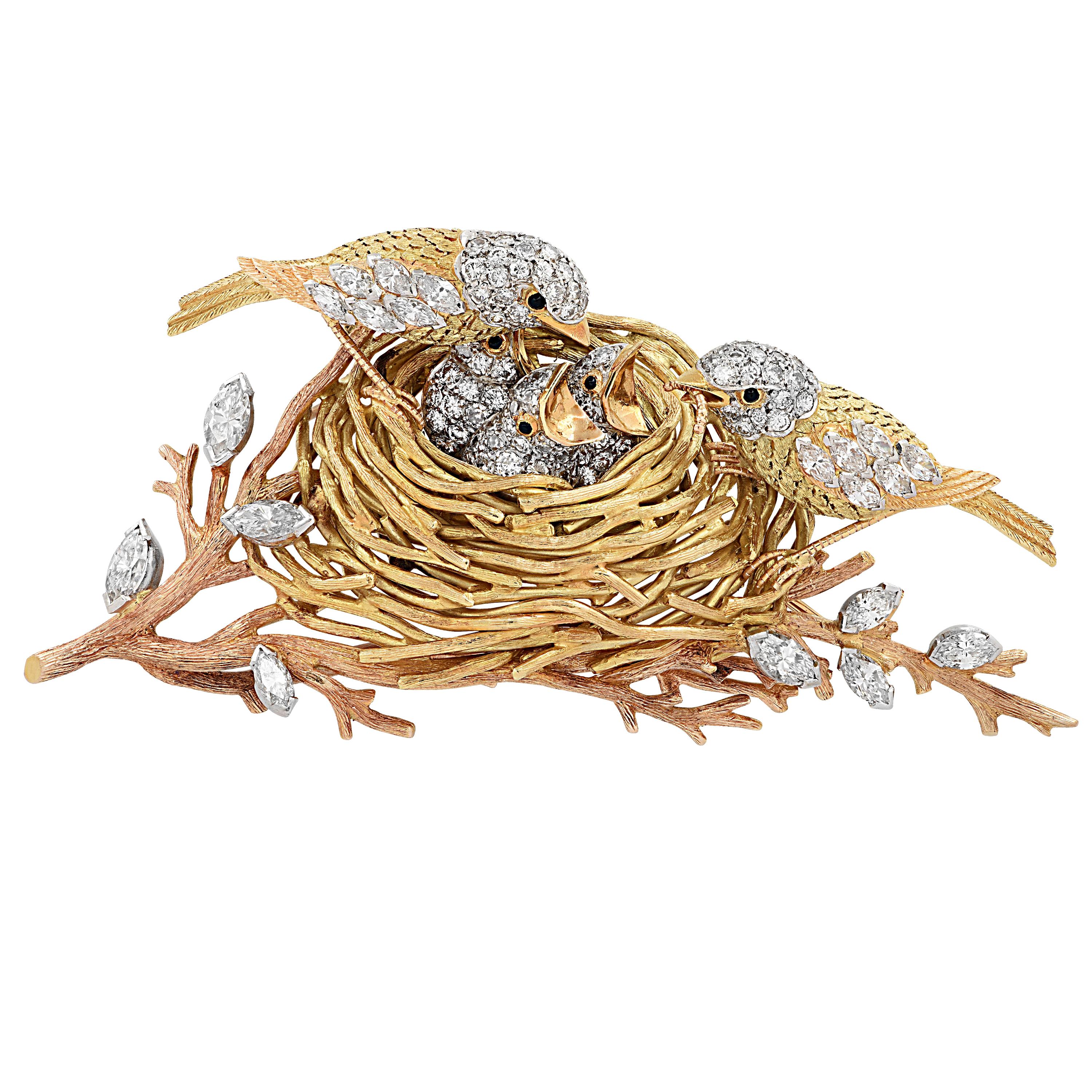 Cartier Yellow Gold, Platinum and Diamond Bird's Nest Brooch Pin, circa 1960s