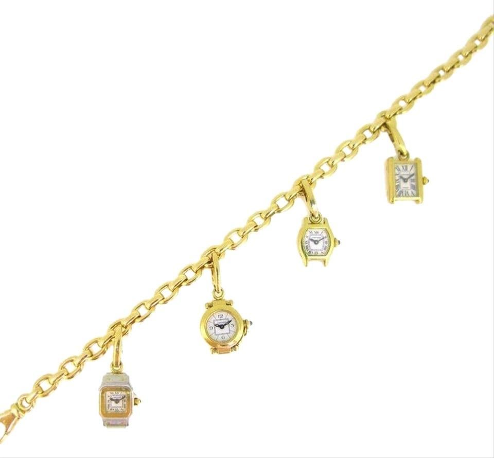 A rare 18k gold Cartier charm bracelet with 4 different miniature working movements in a variety of different classic Cartier watch models.

This link bracelet is made in 18kt yellow gold. It is adorned with four charms featuring the iconic watches