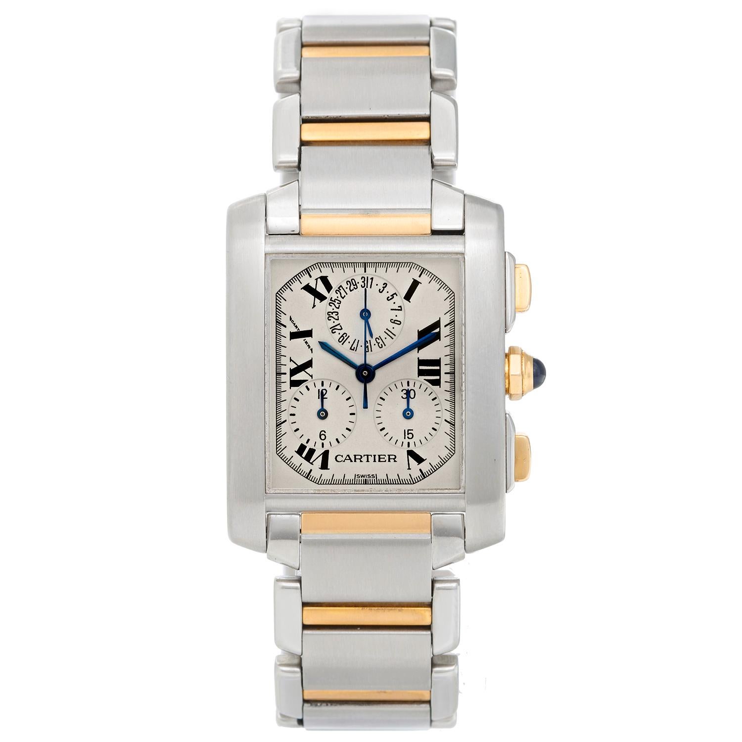 Cartier Tank Francaise Chronograph Steel & Gold Watch W51004Q4 -  Quartz. Stainless steel case; crown set with blue sapphire cabochon (28mm x 37mm). Ivory colored dial with black Roman numerals. Stainless steel & 18k gold Cartier bracelet. Pre-owned