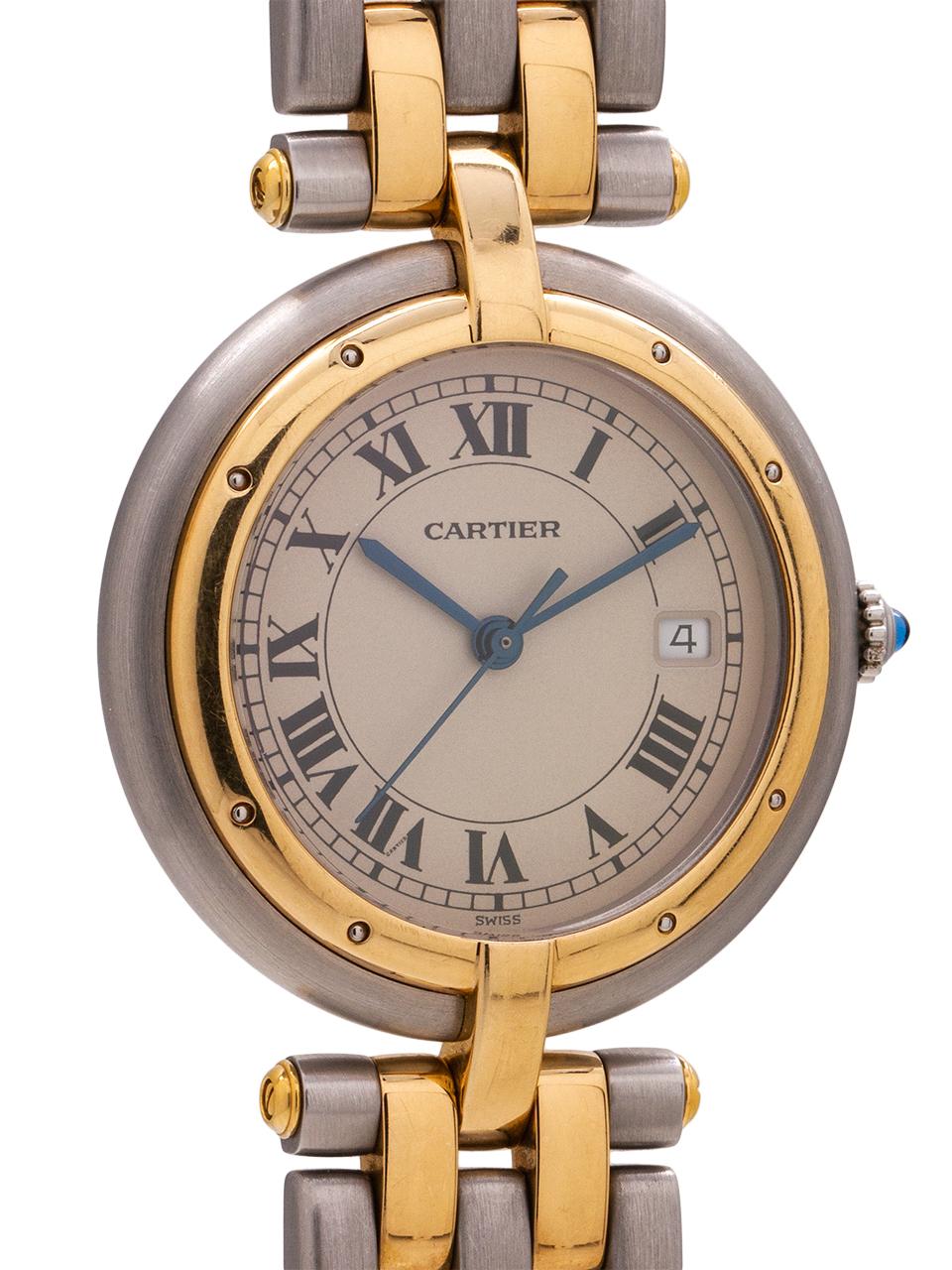 
Cartier man’s Vendome Panther SS/18K YG circa 2000’s. Featuring a 30mm diameter case with gold bezel and t-bar lugs, steel case body, sapphire crystal, Cartier blue cabochon crown, and with Panther bracelet with 3 stainless steel and 2 18K YG rows