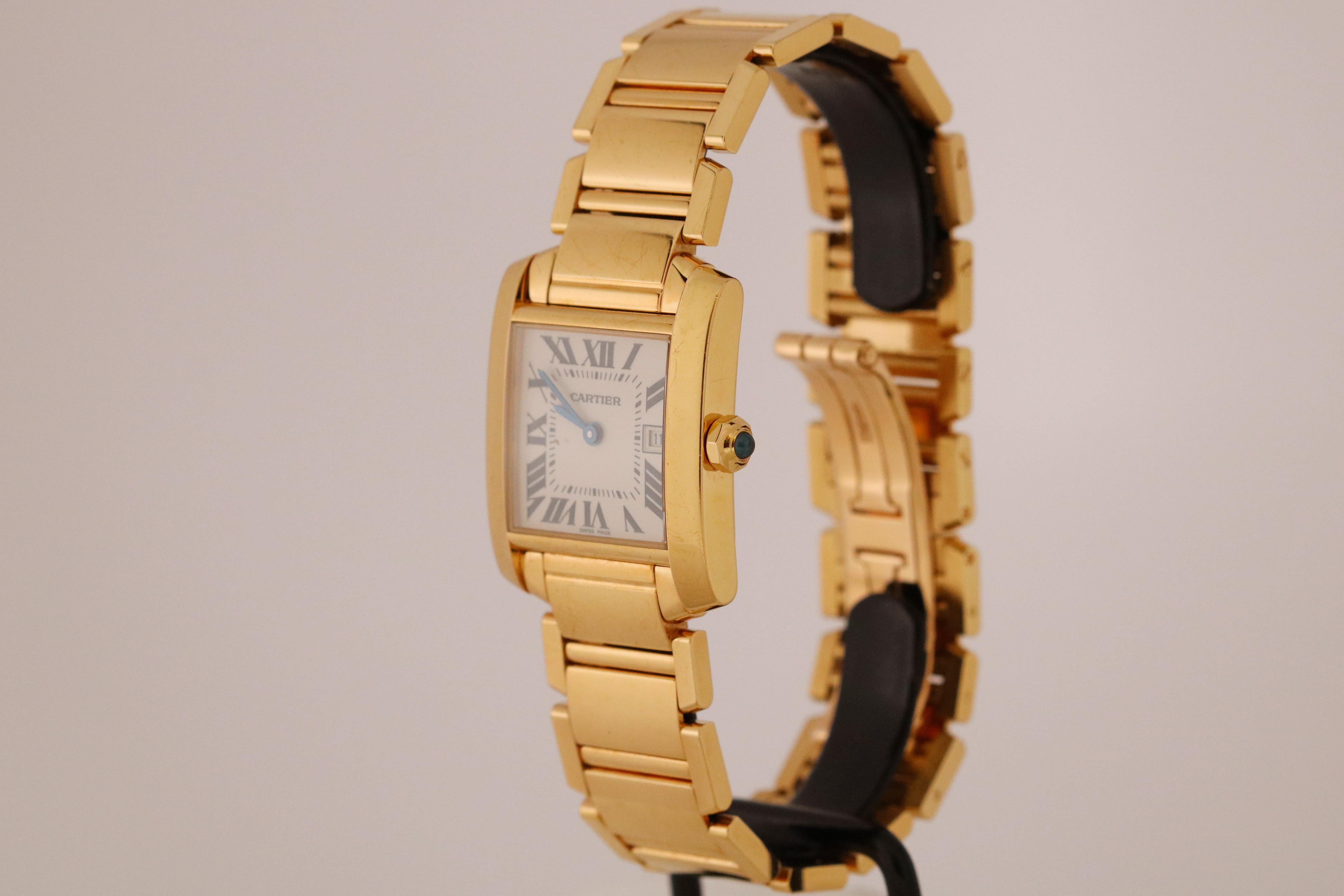 Cartier Tank Francaise ref. W50014N2 in yellow gold with a quartz movement and date aperture. Bracelet appears to be fully linked. Comes with box.   22 mm x 25 mm