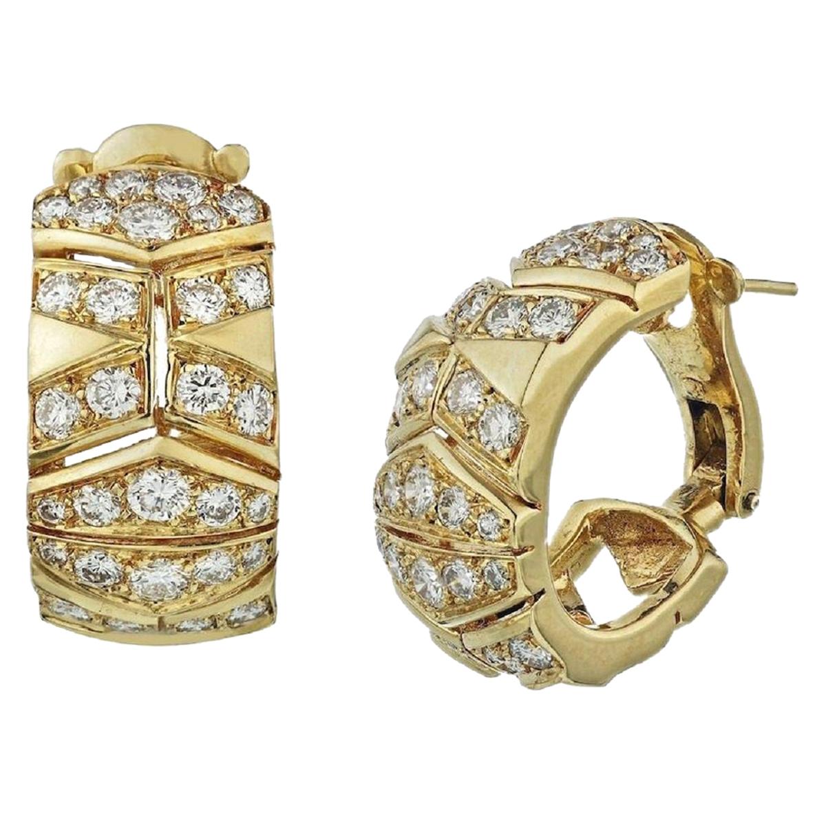 Cartier Yellow Gold Vintage Chevron Diamond Pierced Clip-On Hoop Earrings