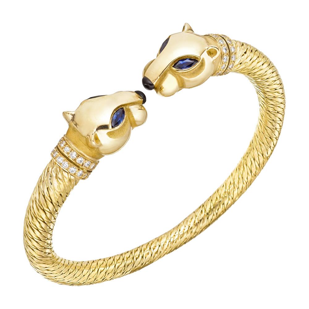 Modern Cartier Yellow Gold Vintage Double Head Panthere with Onyx and Diamonds Bracelet
