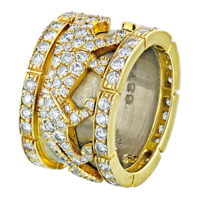 Cartier Yellow Gold Walking Panther Wide Diamond Band Ring 